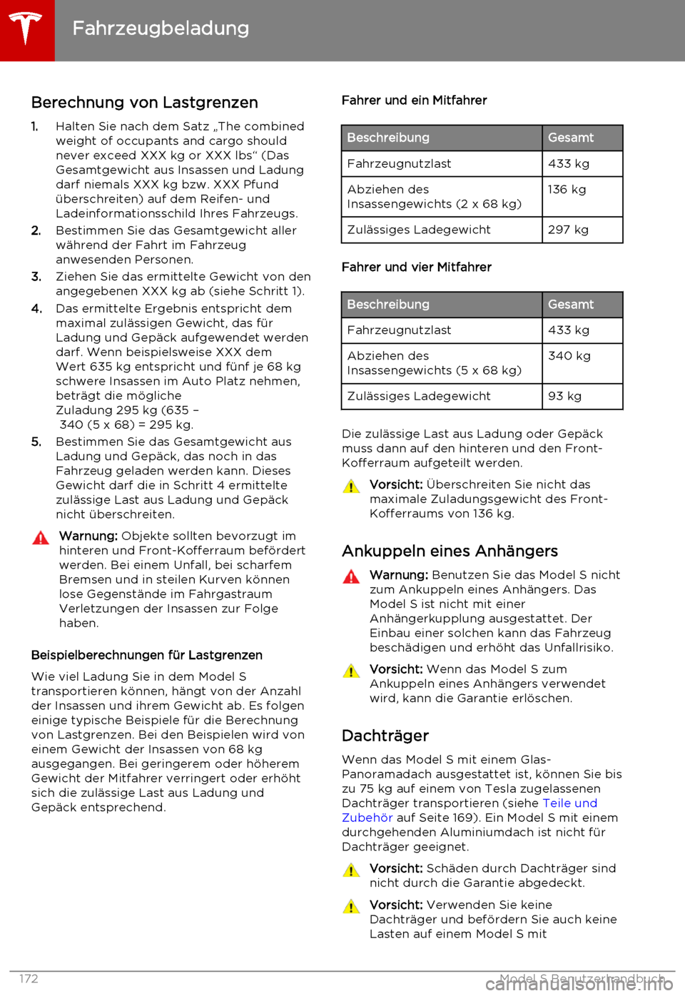 TESLA MODEL S 2015  Betriebsanleitung (in German) Berechnung von Lastgrenzen1. Halten Sie nach dem Satz „The combined
weight of occupants and cargo shouldnever exceed XXX kg or XXX lbs“ (DasGesamtgewicht aus Insassen und Ladungdarf niemals XXX kg
