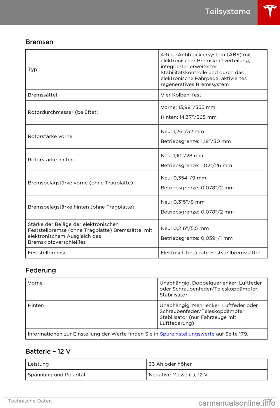 TESLA MODEL S 2015  Betriebsanleitung (in German) Bremsen
Typ
4-Rad-Antiblockiersystem (ABS) mit
elektronischer Bremskraftverteilung, integrierter erweiterter
Stabilitätskontrolle und durch das
elektronische Fahrpedal aktiviertes
regeneratives Brems