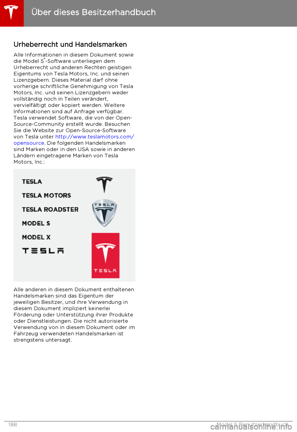 TESLA MODEL S 2015  Betriebsanleitung (in German) Urheberrecht und HandelsmarkenAlle Informationen in diesem Dokument sowiedie Model S ®
-Software unterliegen dem
Urheberrecht und anderen Rechten geistigen
Eigentums von Tesla Motors, Inc. und seinen