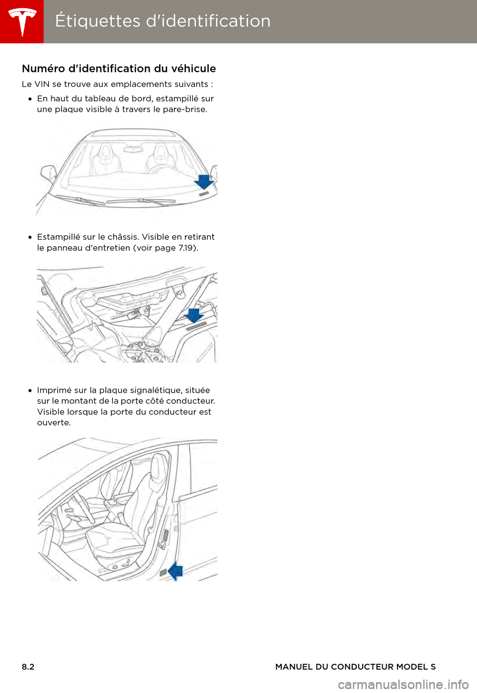 TESLA MODEL S 2015  Manuel du propriétaire (in French)  Étiquettes didentificationÉtiquettes didentification
8.2MANUEL DU CONDUCTEUR MODEL S
CARACTÉRISTIQUES TECHNIQUESÉtiquettes didentificationNuméro didentification du véhicule
Le VIN se trouve 