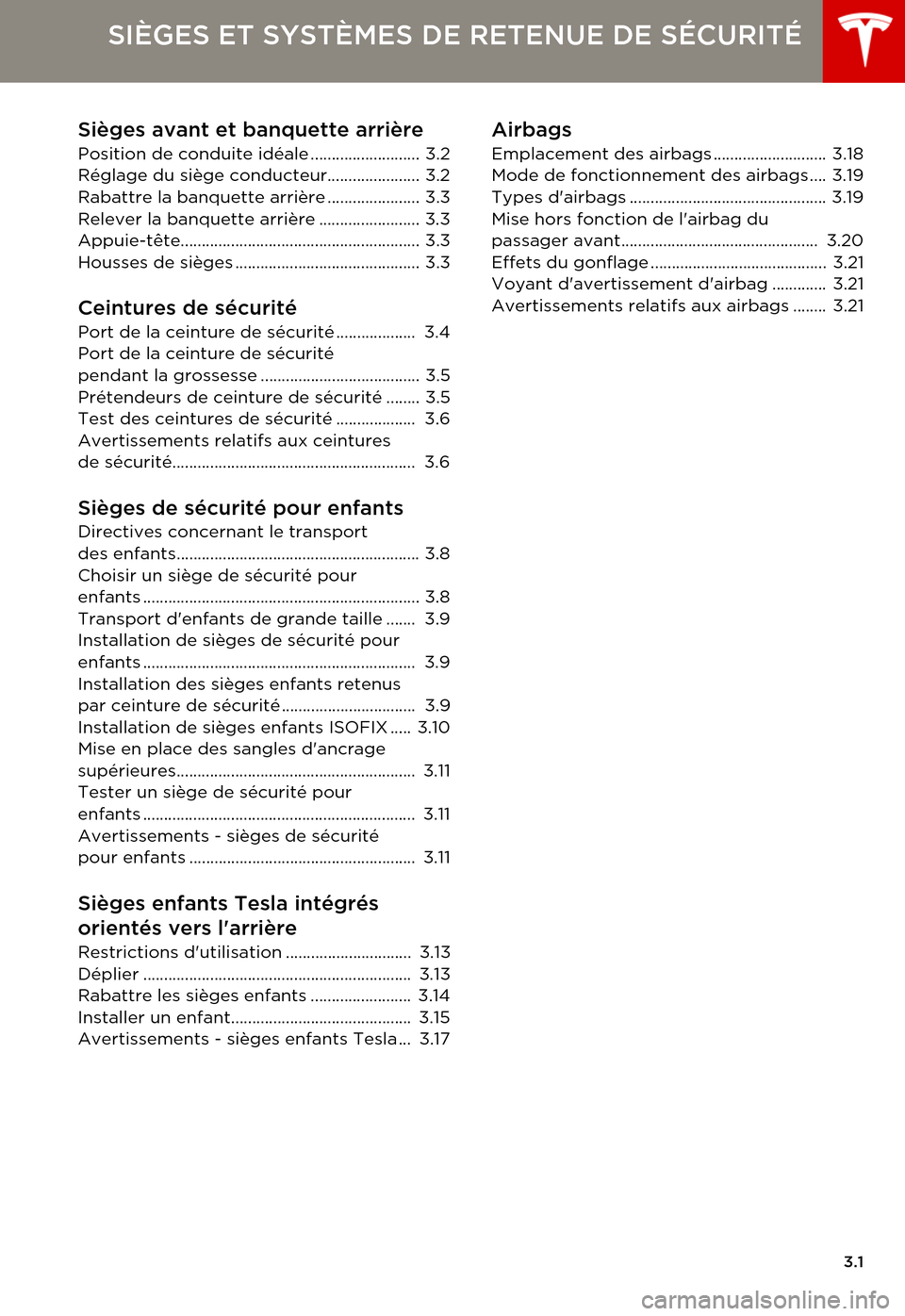 TESLA MODEL S 2015  Manuel du propriétaire (in French)  3.1
SIÈGES ET SYSTÈMES DE RETENUE DE SÉCURITÉ
Sièges avant et banquette arrière
Position de conduite idéale.......................... 3.2Réglage du siège conducteur...................... 3.2R