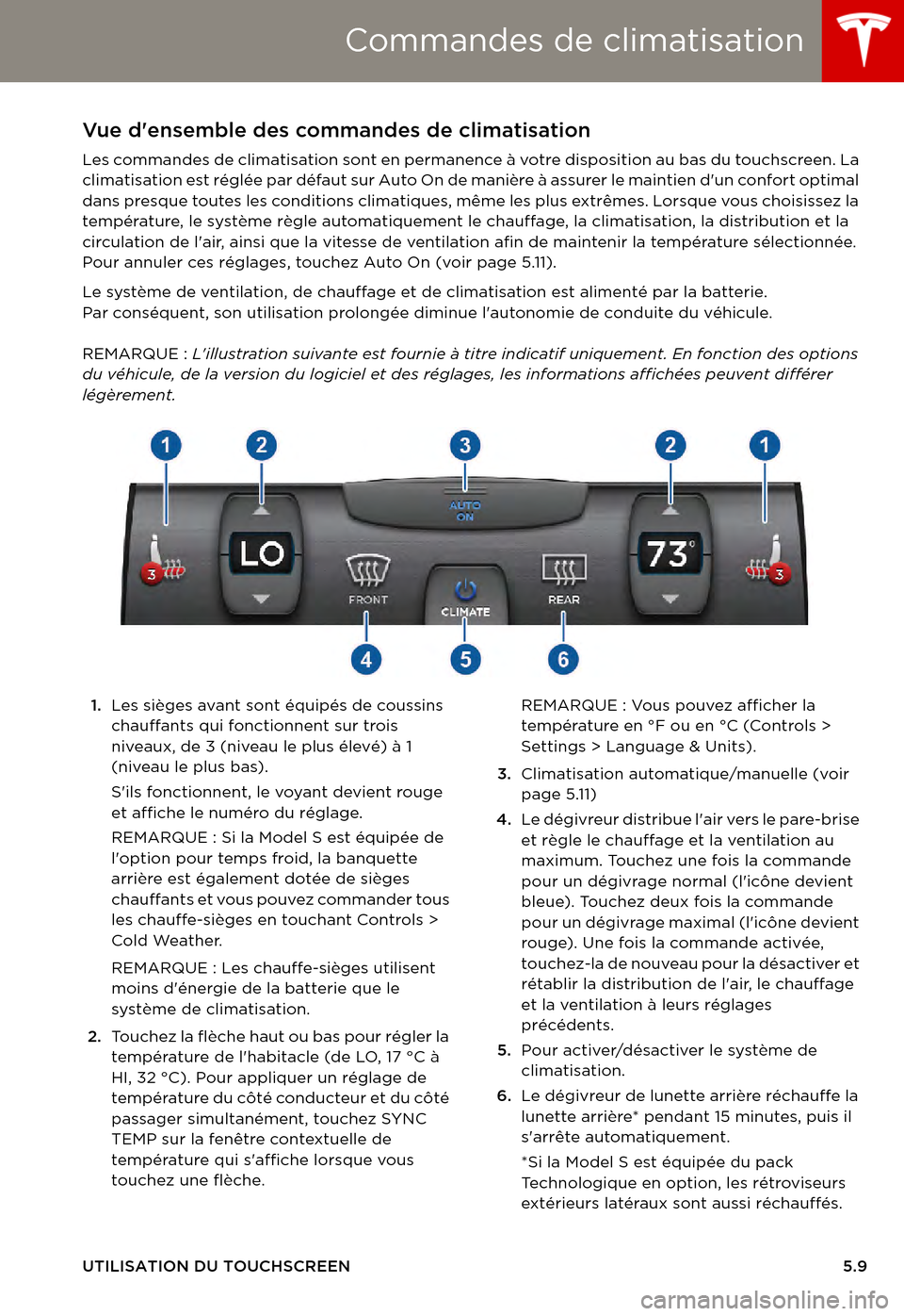 TESLA MODEL S 2015 Manuel du propriétaire (in French) Commandes de climatisation
UTILISATION DU TOUCHSCREEN5.9
Commandes de climatisationVue densemble des commandes de climatisation
Les commandes de climatisation sont en permanence à vo t re d i s p o TESLA MODEL S 2015 Manuel du propriétaire (in French) Commandes de climatisation
UTILISATION DU TOUCHSCREEN5.9
Commandes de climatisationVue densemble des commandes de climatisation
Les commandes de climatisation sont en permanence à vo t re d i s p o