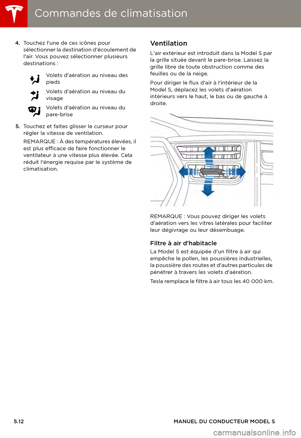 TESLA MODEL S 2015 Manuel du propriétaire (in French) Commandes de climatisationCommandes de climatisation
5.12MANUEL DU CONDUCTEUR MODEL S
4.To u c h e z l u n e d e c e s i c ô n e s p o u r sélectionner la destination découlement de l TESLA MODEL S 2015 Manuel du propriétaire (in French) Commandes de climatisationCommandes de climatisation
5.12MANUEL DU CONDUCTEUR MODEL S
4.To u c h e z l u n e d e c e s i c ô n e s p o u r sélectionner la destination découlement de l
