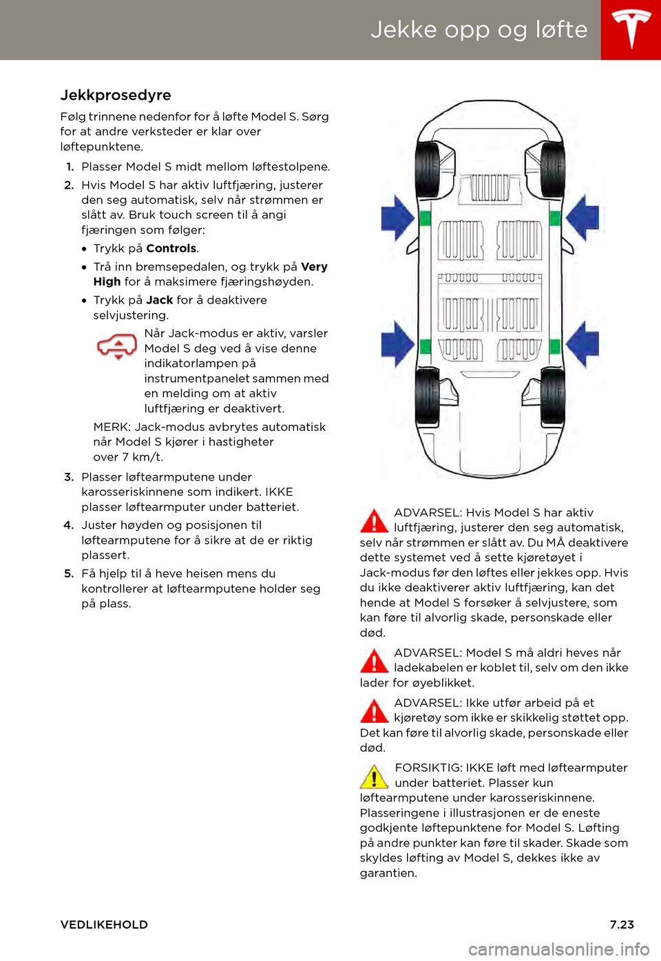 TESLA MODEL S 2015  Brukerhåndbok (in Norwegian) Jekke opp og løfte
VEDLIKEHOLD7.23
Jekke opp og løfteJekkprosedyre
Følg trinnene nedenfor for å løfte Model S. Sørg for at andre verksteder er klar over løftepunktene.
1.Plasser Model S midt me
