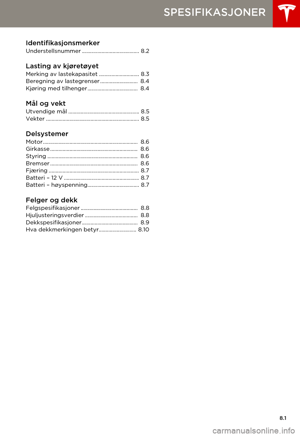 TESLA MODEL S 2015  Brukerhåndbok (in Norwegian) 8.1
SPESIFIKASJONER
Identifikasjonsmerker
Understellsnummer ......................................... 8.2
Lasting av kjøretøyet
Merking av lastekapasitet ............................. 8.3Beregning a