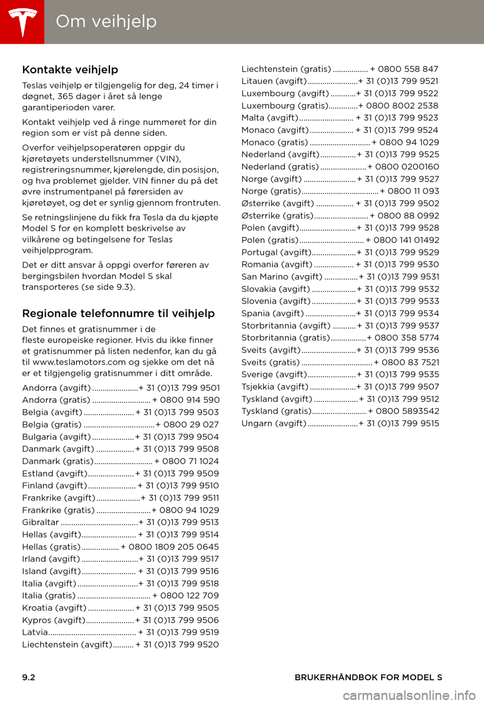 TESLA MODEL S 2015  Brukerhåndbok (in Norwegian) Om veihjelpOm veihjelp
9.2BRUKERHÅNDBOK FOR MODEL S
VEIHJELPOm veihjelpKontakte veihjelp
Te s l a s   v e i h j e l p   e r   t i l g j e n g e l i g   f o r   d e g ,   2 4   t i m e r   i  døgnet,