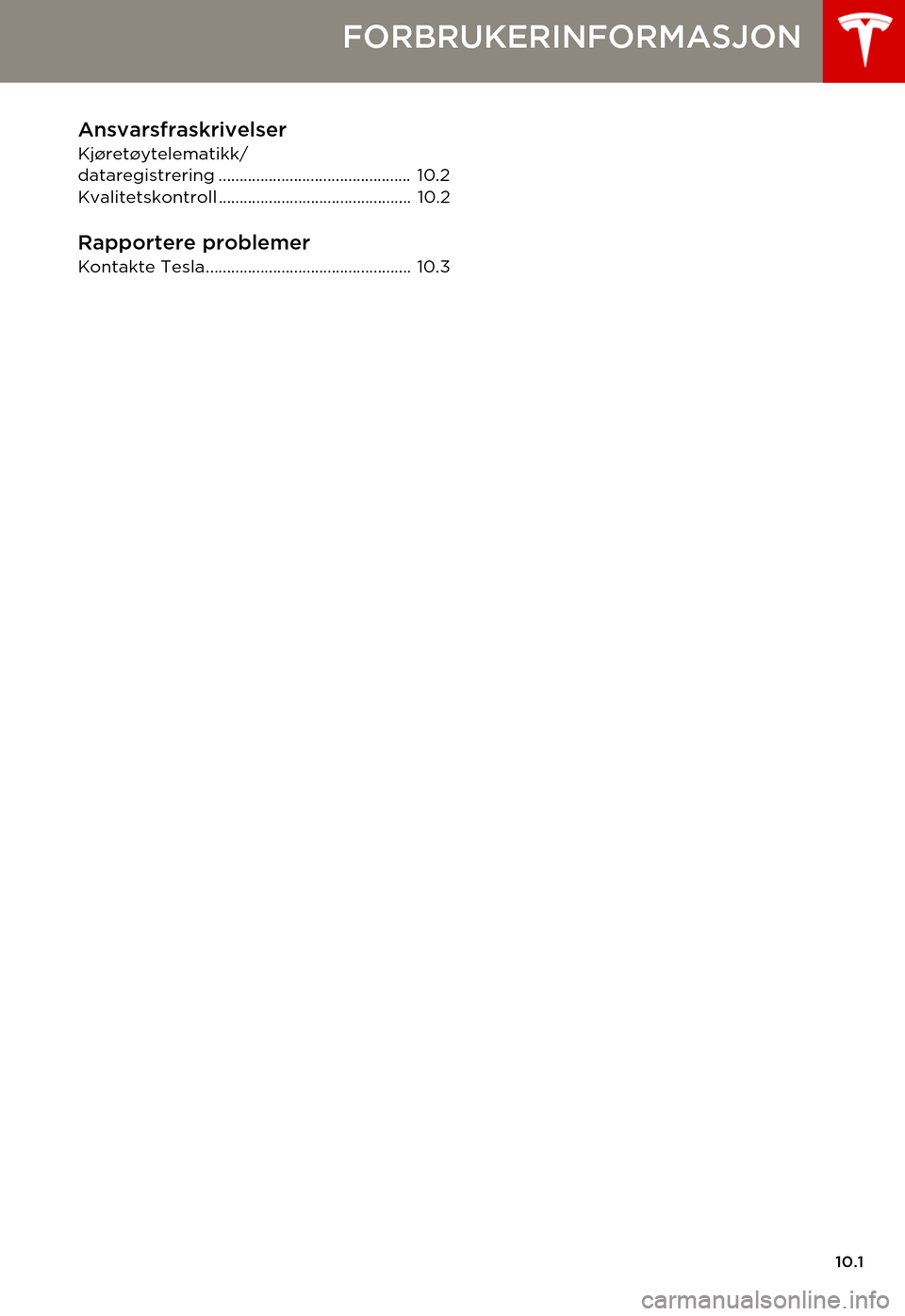 TESLA MODEL S 2015  Brukerhåndbok (in Norwegian) 10.1
FORBRUKERINFORMASJON
Ansvarsfraskrivelser
Kjøretøytelematikk/dataregistrering ..............................................  10.2Kvalitetskontroll .............................................