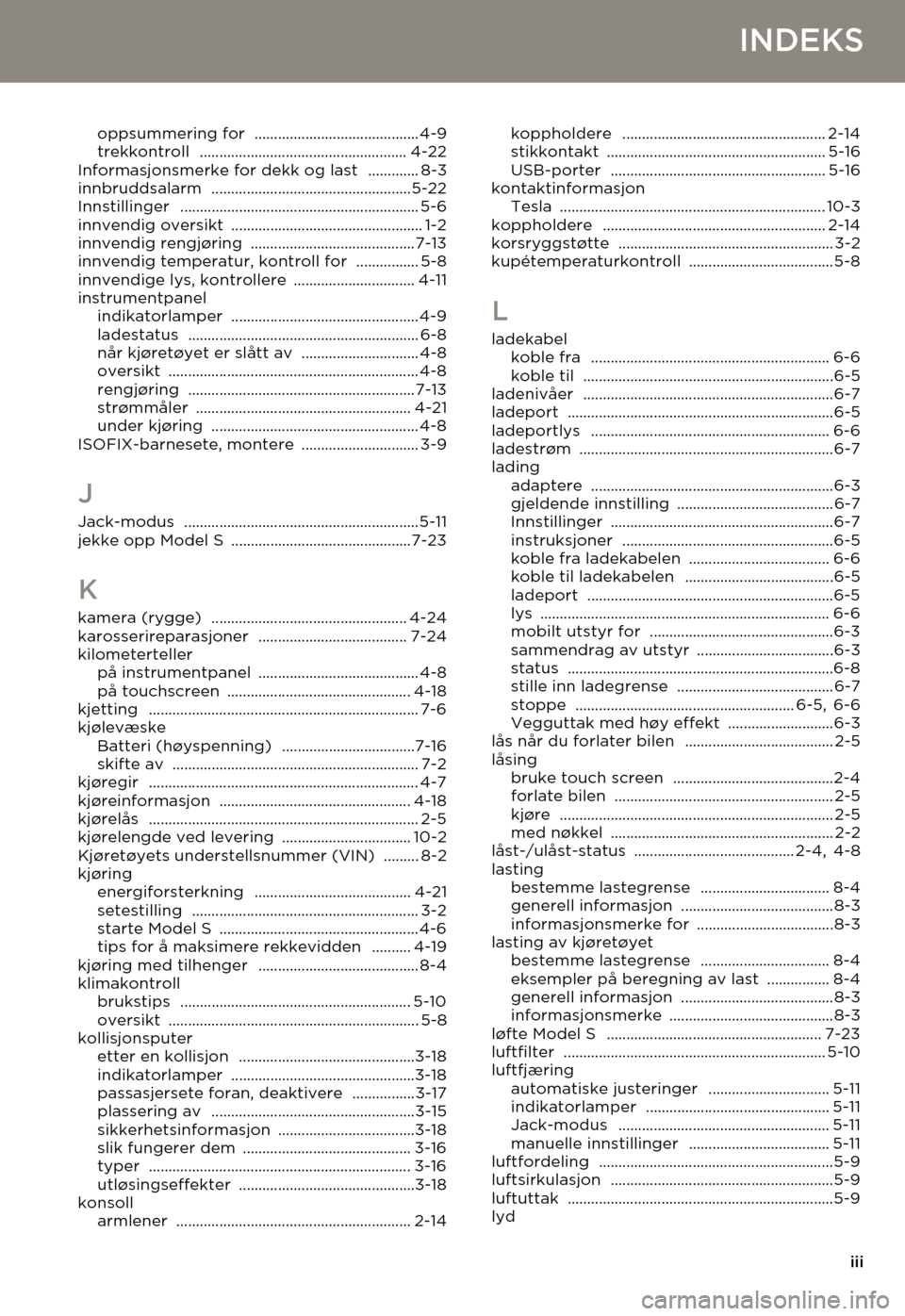 TESLA MODEL S 2015  Brukerhåndbok (in Norwegian) iii
INDEKS
oppsummering for .......................................... 4-9trekkontroll ..................................................... 4-22Informasjonsmerke for dekk og last ............. 8-3inn