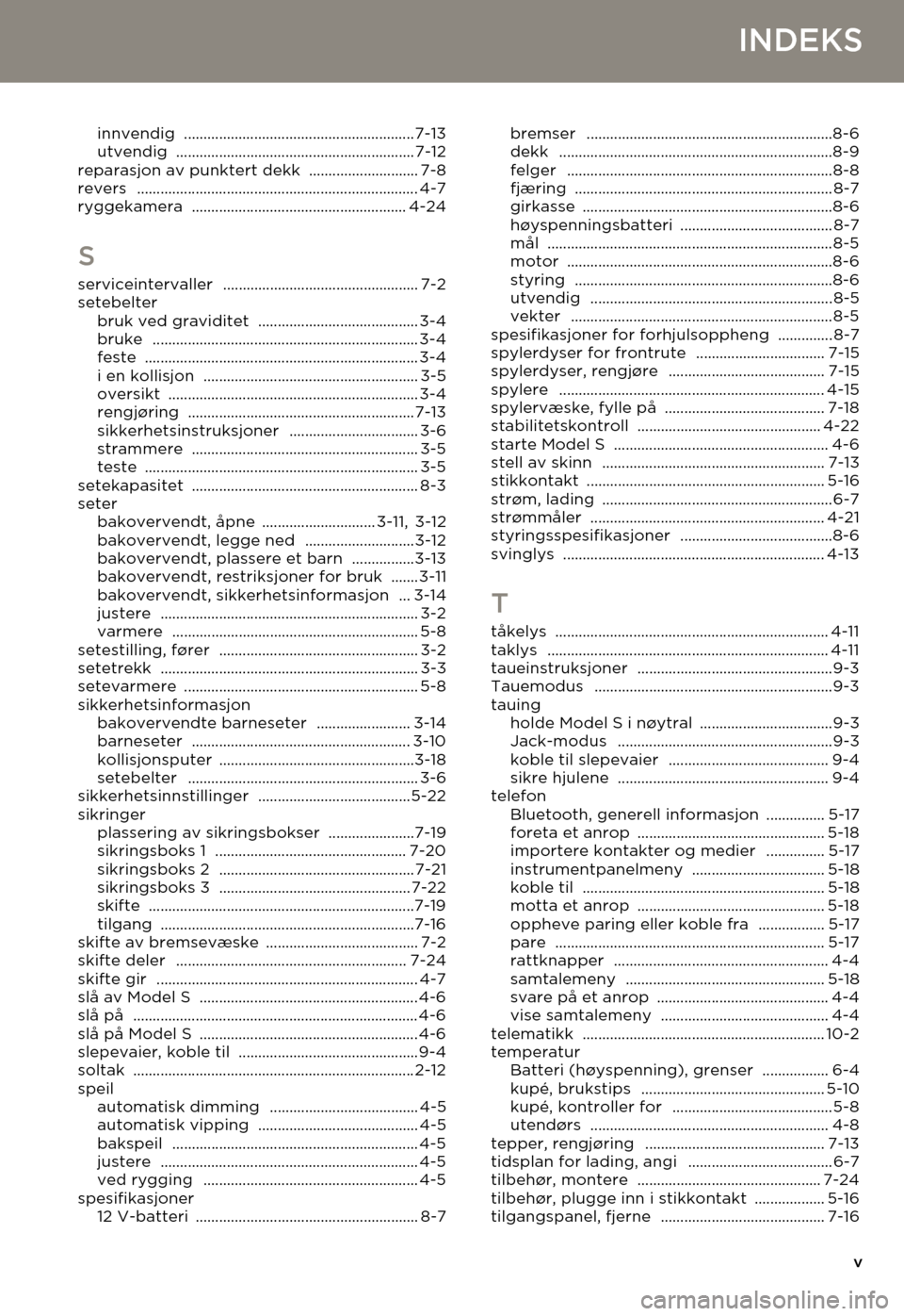 TESLA MODEL S 2015  Brukerhåndbok (in Norwegian) v
INDEKS
innvendig ...........................................................7-13utvendig ............................................................. 7-12reparasjon av punktert dekk ...............