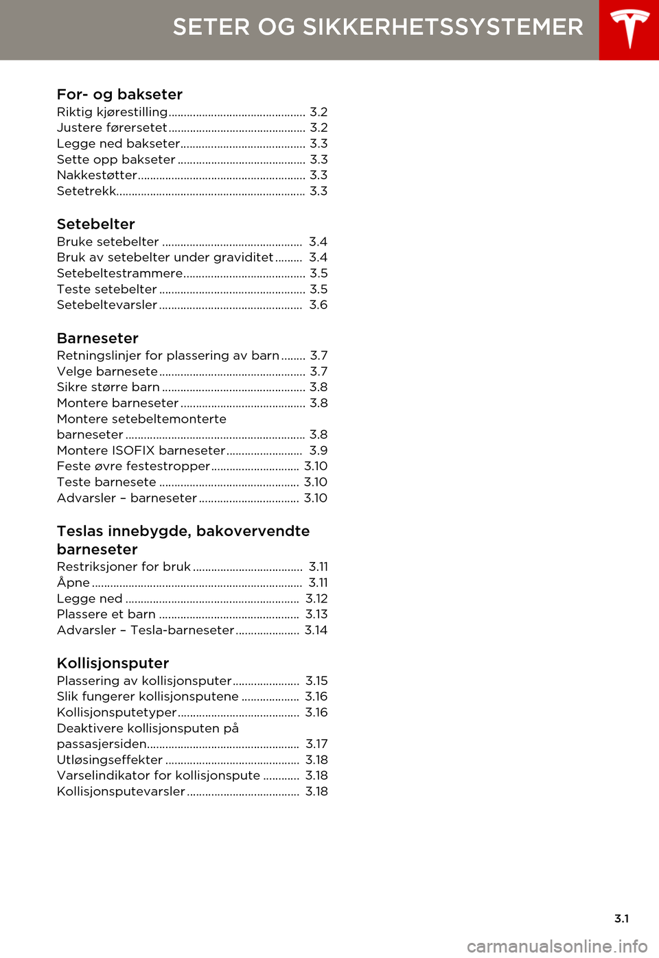 TESLA MODEL S 2015  Brukerhåndbok (in Norwegian) 3.1
SETER OG SIKKERHETSSYSTEMER
For- og bakseter
Riktig kjørestilling............................................. 3.2Justere førersetet ............................................. 3.2Legge ned ba