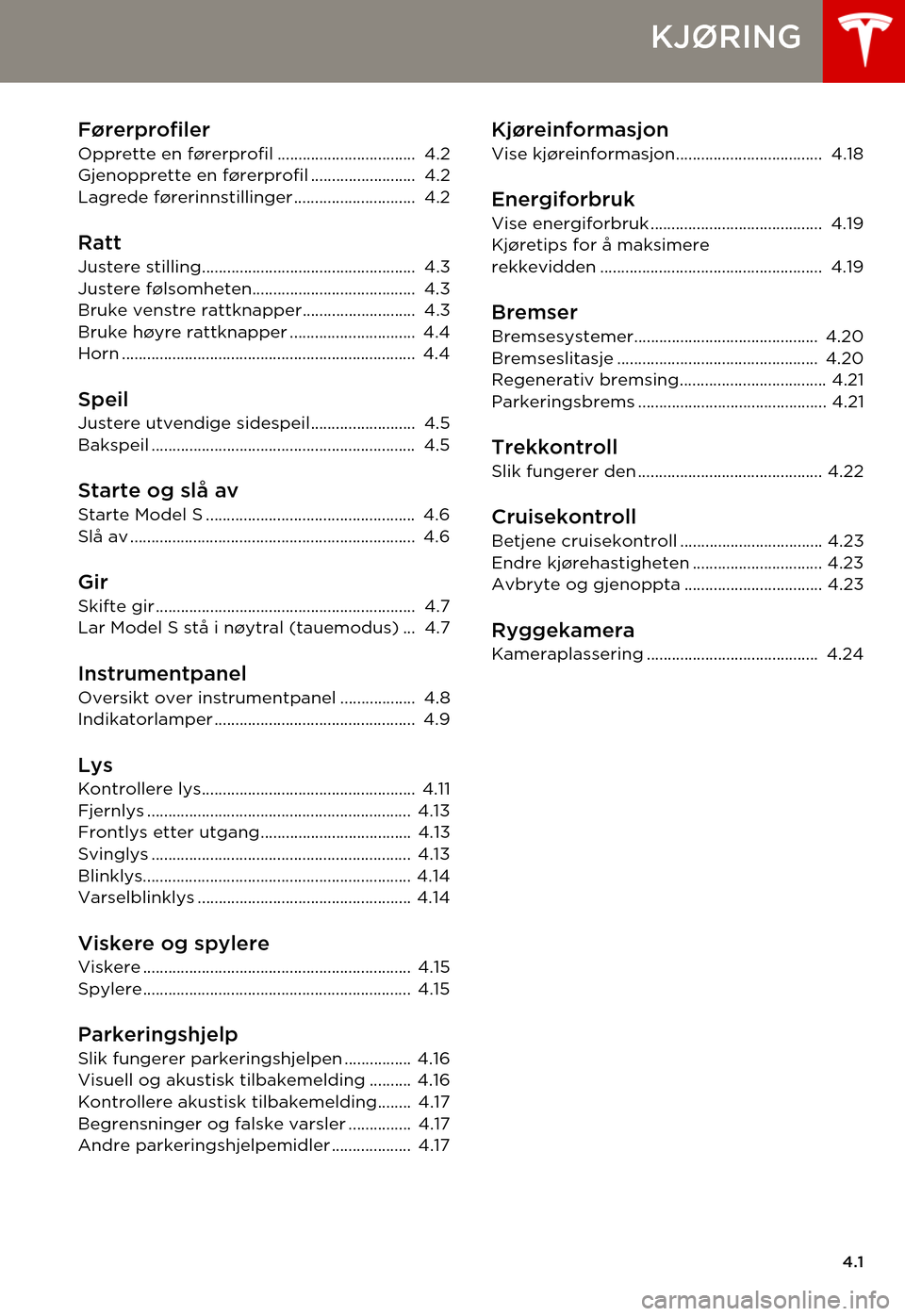 TESLA MODEL S 2015  Brukerhåndbok (in Norwegian) 4.1
KJØRING
Førerprofiler
Opprette en førerprofil .................................  4.2Gjenopprette en førerprofil .........................  4.2Lagrede førerinnstillinger.......................