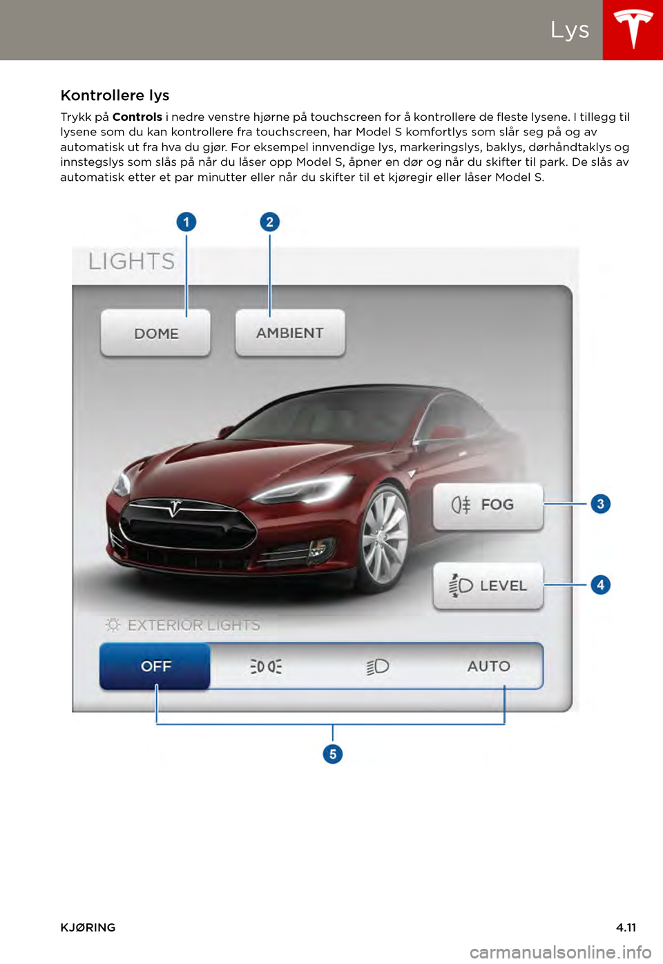 TESLA MODEL S 2015  Brukerhåndbok (in Norwegian) Lys
KJØRING4.11
Ly s  Kontrollere lys
Tr y k k  p å  Controls i  n ed re  ven st re  h jø r ne  p å to u ch s c re e n  fo r  å  ko n t ro l l e re  d e  f le ste  lys e n e.  I  t i l le g g  t 