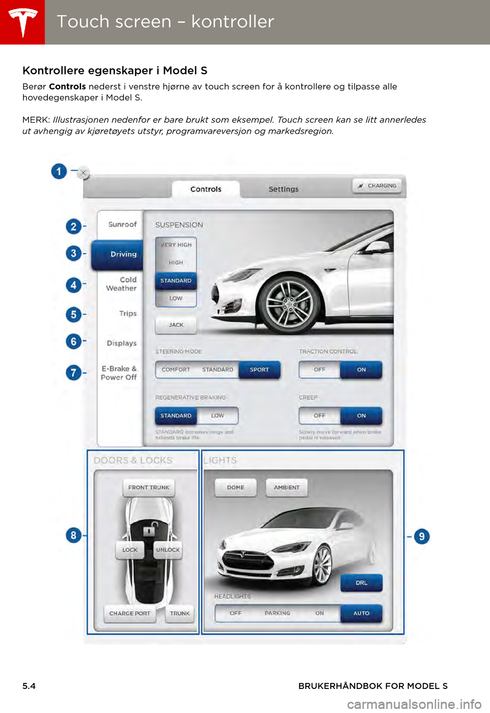 TESLA MODEL S 2015  Brukerhåndbok (in Norwegian) Touch screen – kontrollerTouch screen – kontroller
5.4BRUKERHÅNDBOK FOR MODEL S
To u c h   s c r e e n   –   k o n t r o l l e rKontrollere egenskaper i Model S
Berør Controls nederst i venstr