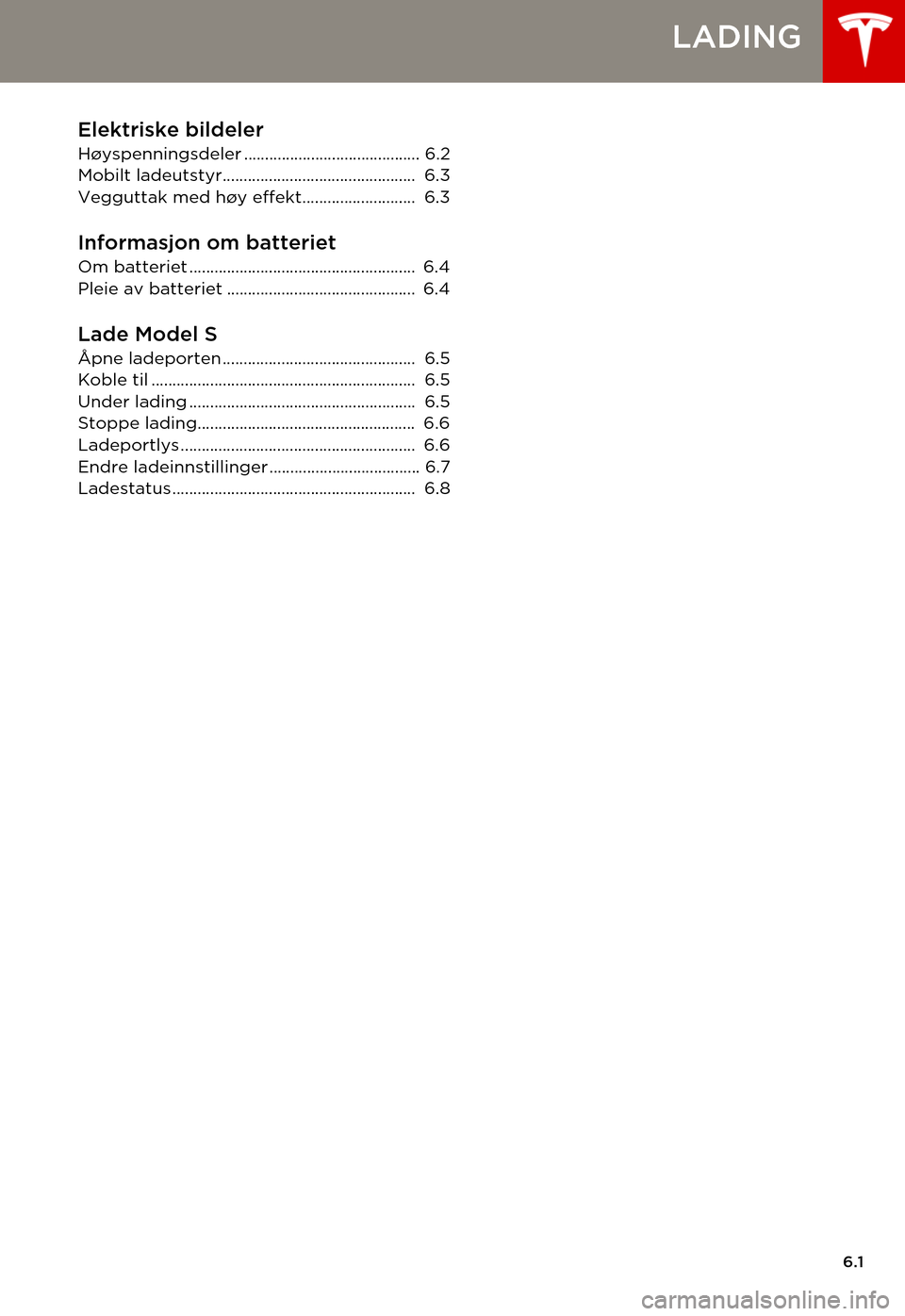 TESLA MODEL S 2015  Brukerhåndbok (in Norwegian) 6.1
LADING
Elektriske bildeler
Høyspenningsdeler .......................................... 6.2Mobilt ladeutstyr..............................................  6.3Vegguttak med høy effekt...........
