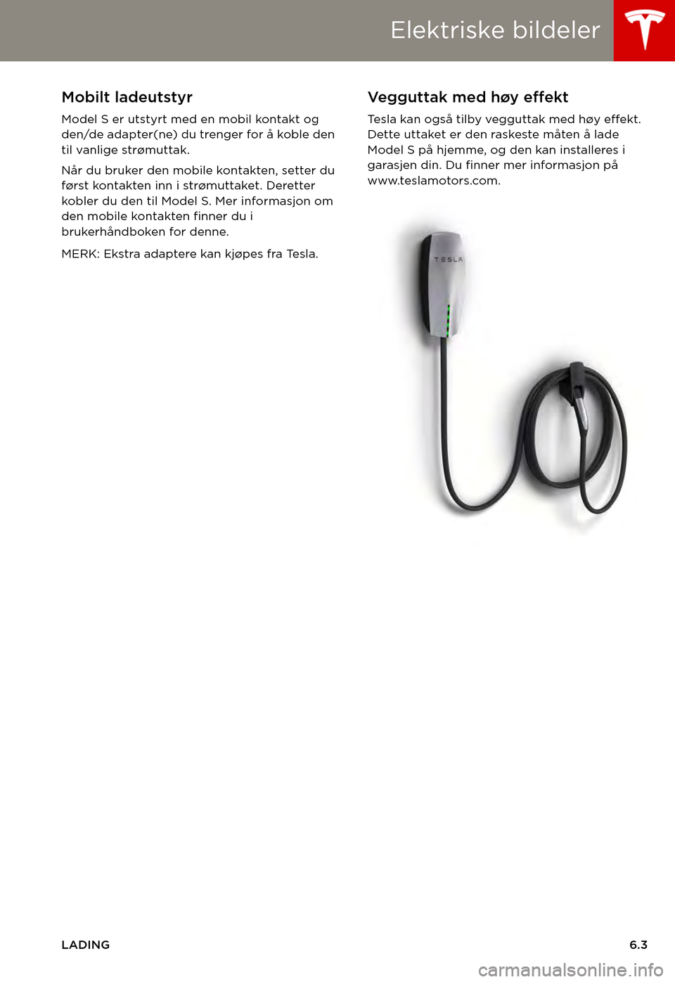 TESLA MODEL S 2015  Brukerhåndbok (in Norwegian) Elektriske bildeler
LADING6.3
Mobilt ladeutstyr
Model S er utstyrt med en mobil kontakt og den/de adapter(ne) du trenger for å koble den til vanlige strømuttak. 
Når du bruker den mobile kontakten,