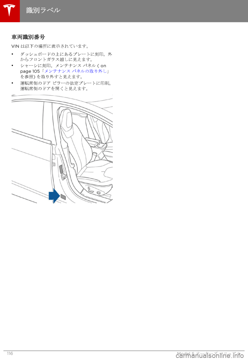 TESLA MODEL S 2015  取扱説明書 (in Japanese)  車両識別番号
VIN は以下の場所に表示されています。
•ダッシュボードの上にあるプレートに刻印。外からフロントガラス越しに見えます。•シャ