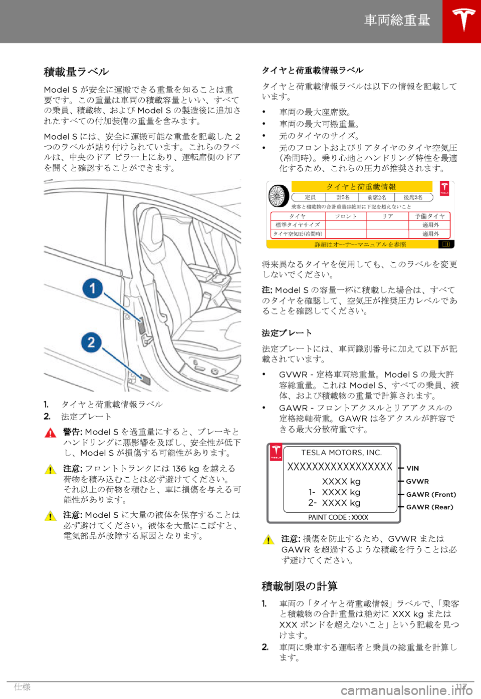 TESLA MODEL S 2015 取扱説明書 (in Japanese) 積載量ラベル
Model S が安全に運搬できる重量を知ることは重要です。この重量は車両の積載容量といい、すべての乗員、積載物、およびModel Sの製造 TESLA MODEL S 2015 取扱説明書 (in Japanese) 積載量ラベル
Model S が安全に運搬できる重量を知ることは重要です。この重量は車両の積載容量といい、すべての乗員、積載物、およびModel Sの製造