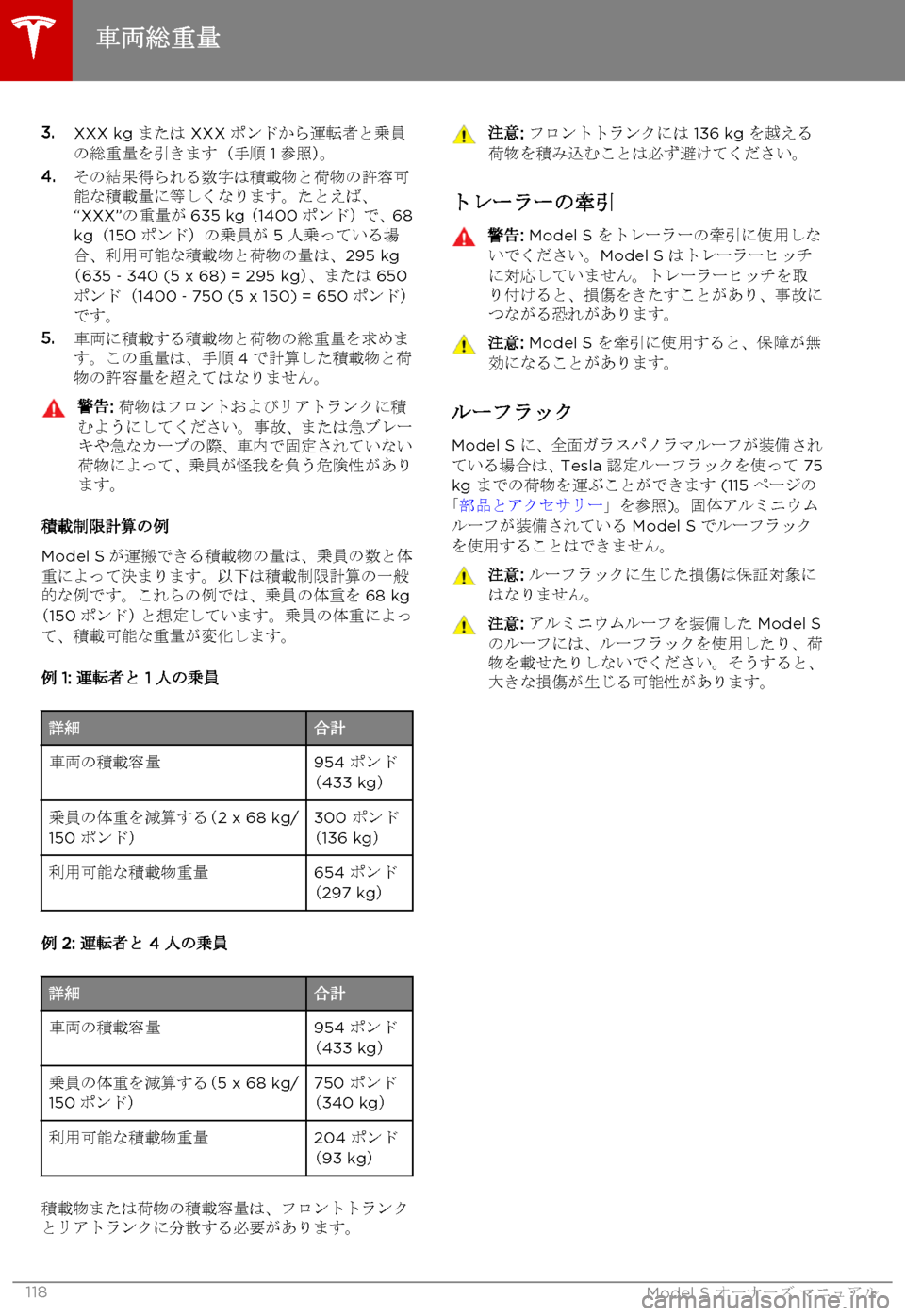 TESLA MODEL S 2015 取扱説明書 (in Japanese) 3.XXX kg または XXX ポンドから運転者と乗員の総重量を引きます(手順 1参照)。4.その結果得られる数字は積載物と荷物の許容可能な積載量に等しく TESLA MODEL S 2015 取扱説明書 (in Japanese) 3.XXX kg または XXX ポンドから運転者と乗員の総重量を引きます(手順 1参照)。4.その結果得られる数字は積載物と荷物の許容可能な積載量に等しく