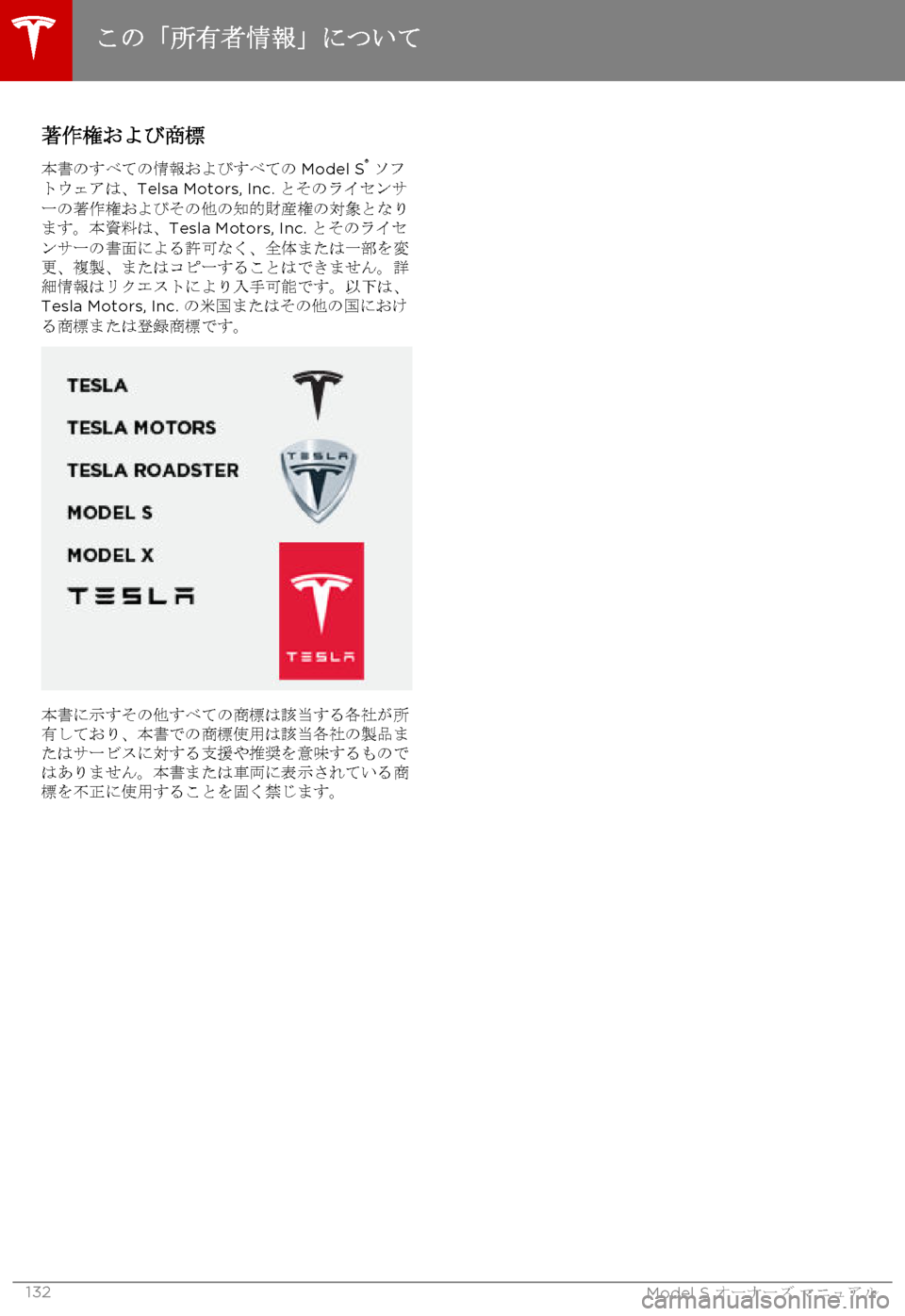 TESLA MODEL S 2015 取扱説明書 (in Japanese) 著作権および商標
本書のすべての情報およびすべてのModel S® ソフトウェアは、Telsa Motors, Inc. とそのライセンサーの著作権およびその他の知的財産 TESLA MODEL S 2015 取扱説明書 (in Japanese) 著作権および商標
本書のすべての情報およびすべてのModel S® ソフトウェアは、Telsa Motors, Inc. とそのライセンサーの著作権およびその他の知的財産