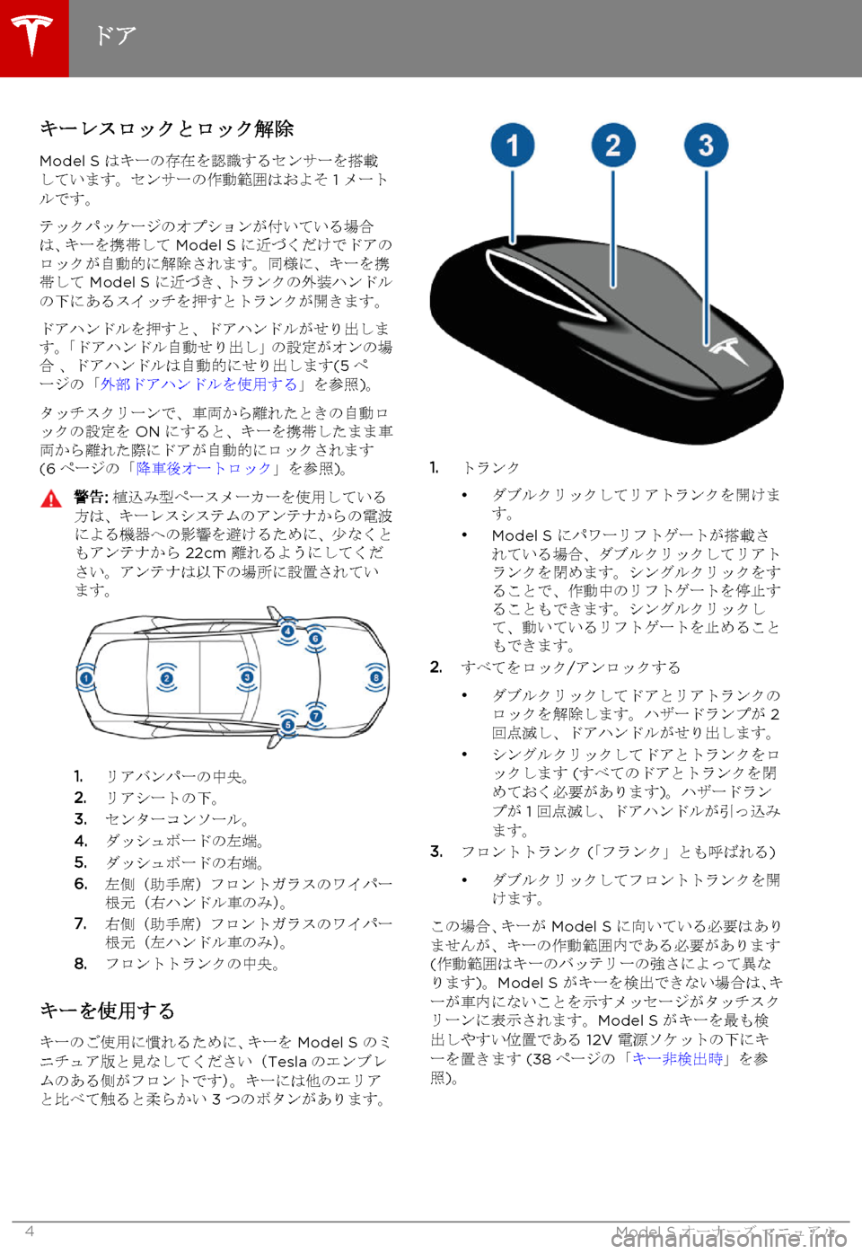 TESLA MODEL S 2015  取扱説明書 (in Japanese)  キーレスロックとロック解除
Model S はキーの存在を認識するセンサーを搭載しています。センサーの作動範囲はおよそ 1 メートルです。
テックパッ�