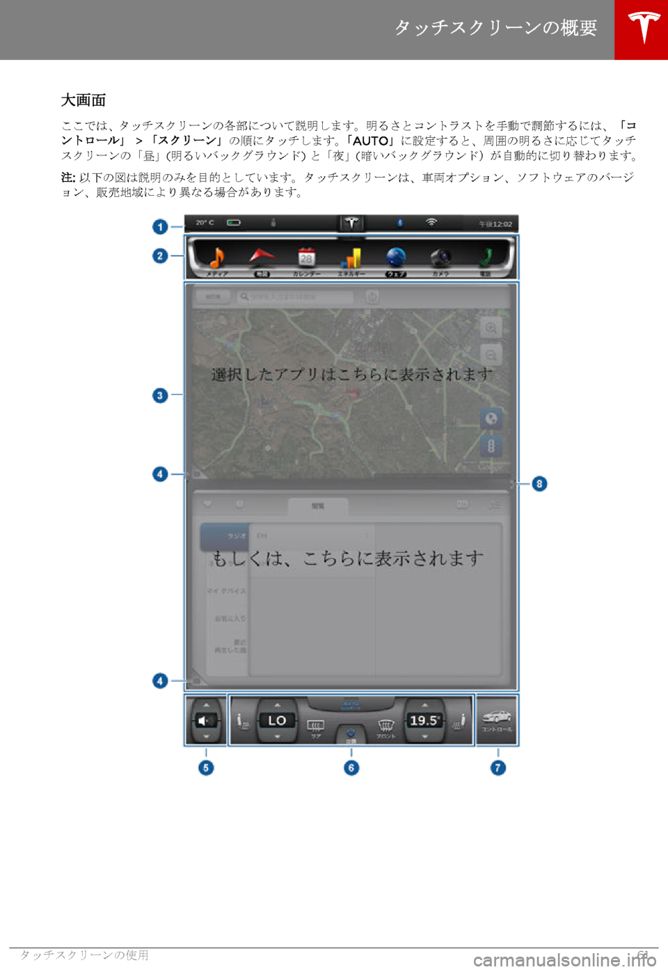 TESLA MODEL S 2015 取扱説明書 (in Japanese) 大画面ここでは、タッチスクリーンの各部について説明します。明るさとコントラストを手動で調節するには、 「コントロール」 > 「スクリーン」 TESLA MODEL S 2015 取扱説明書 (in Japanese) 大画面ここでは、タッチスクリーンの各部について説明します。明るさとコントラストを手動で調節するには、 「コントロール」 > 「スクリーン」