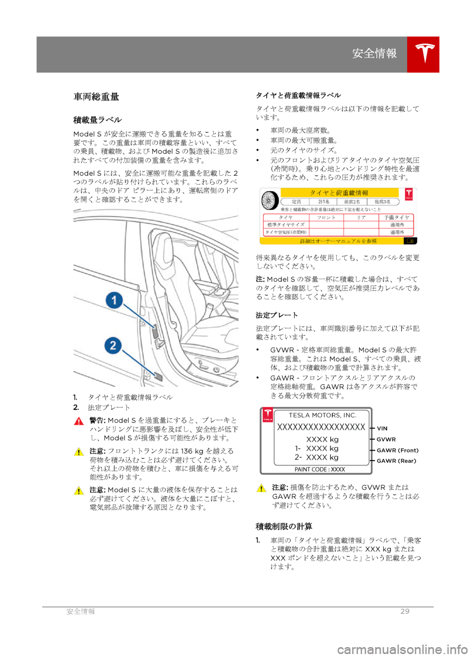 TESLA MODEL S 2015 クイックガイド (in Japanese) 車両総重量
積載量ラベル Model S が安全に運搬できる重量を知ることは重
要です。この重量は車両の積載容量といい、すべて
の乗員、積載物、およ TESLA MODEL S 2015 クイックガイド (in Japanese) 車両総重量
積載量ラベル Model S が安全に運搬できる重量を知ることは重
要です。この重量は車両の積載容量といい、すべて
の乗員、積載物、およ