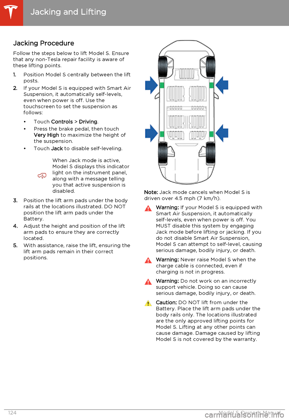 TESLA MODEL S 2014  Owners manual (North America) Jacking Procedure
Follow the steps below to lift Model S. Ensure that any non-Tesla repair facility is aware of
these lifting points.
1. Position Model S centrally between the lift
posts.
2. If your M