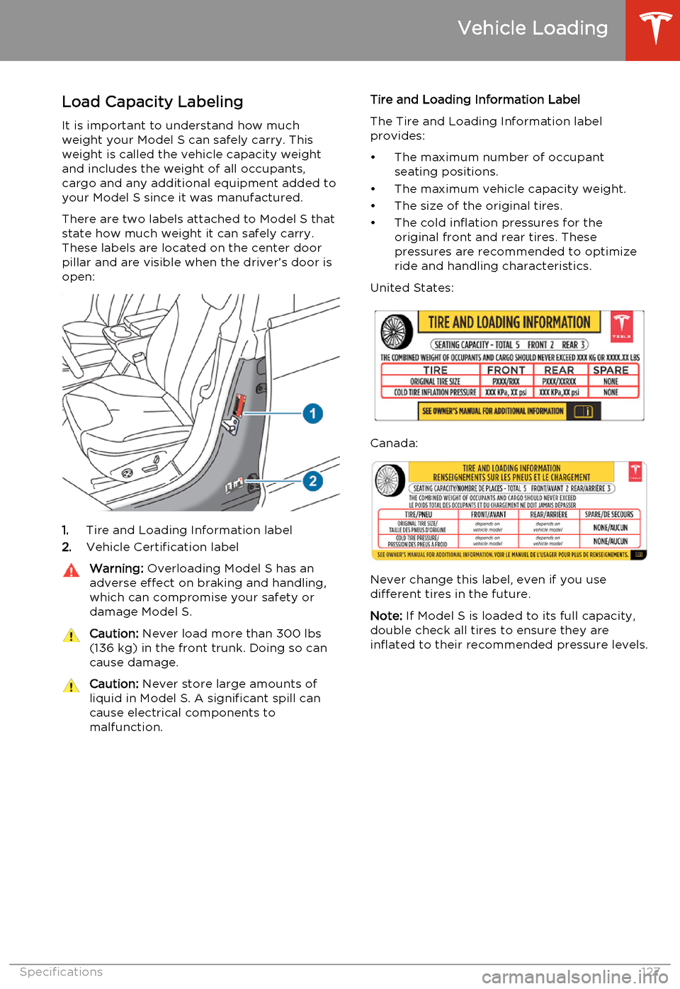 TESLA MODEL S 2014  Owners manual (North America) Load Capacity LabelingIt is important to understand how much
weight your Model S can safely carry. This
weight is called the vehicle capacity weight
and includes the weight of all occupants,
cargo and