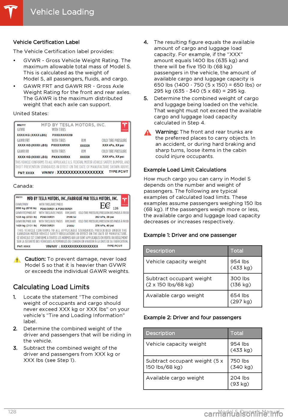 TESLA MODEL S 2014  Owners manual (North America) Vehicle Certification Label
The Vehicle Certification label provides:
• GVWR - Gross Vehicle Weight Rating. The maximum allowable total mass of Model S.
This is calculated as the weight of Model S, 