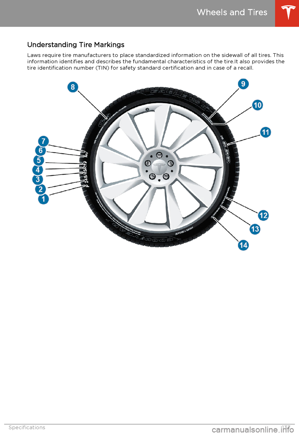 TESLA MODEL S 2014  Owners manual (North America) Understanding Tire Markings
Laws require tire manufacturers to place standardized information on the sidewall of all tires. This
information identifies and describes the fundamental characteristics of