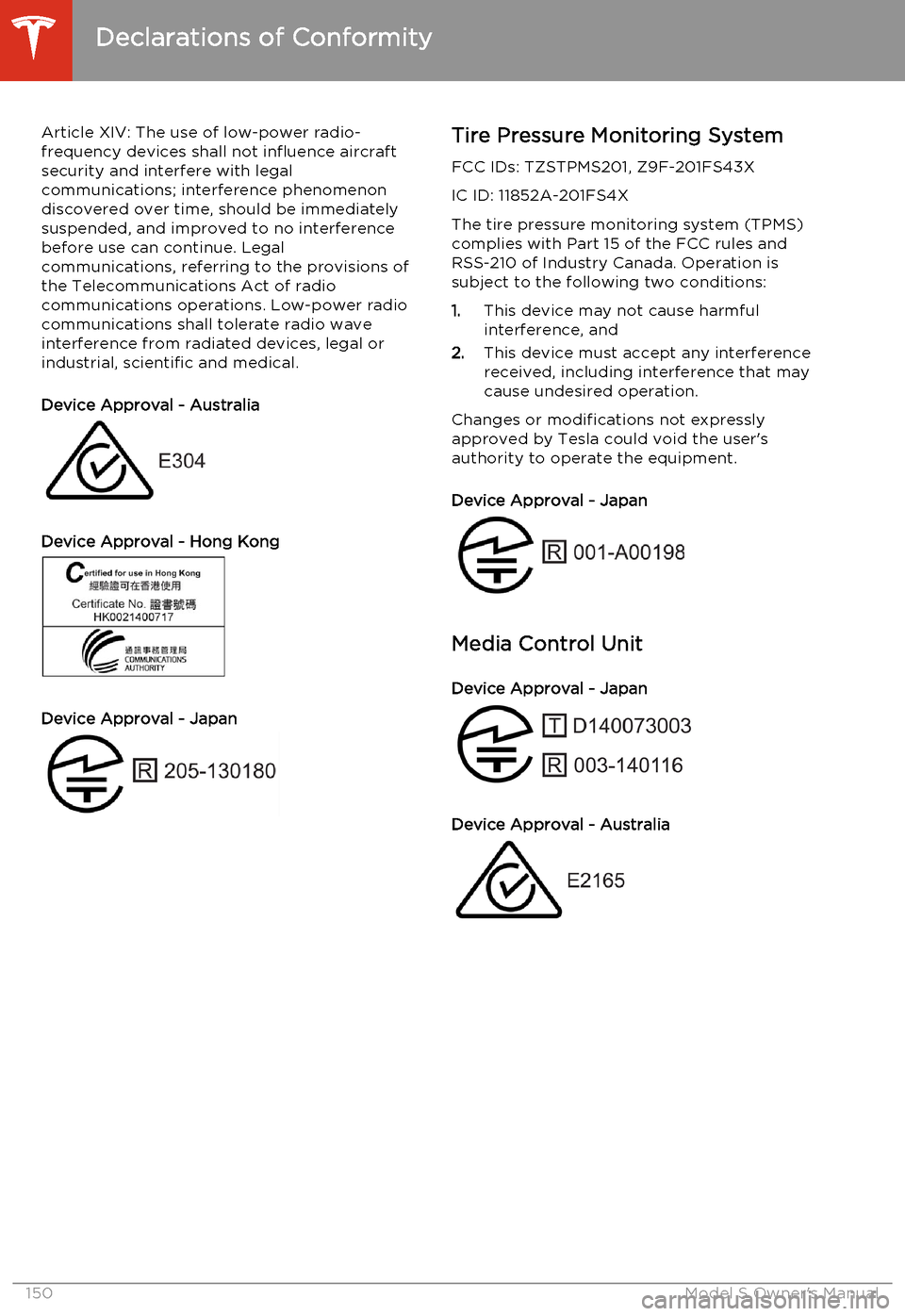 TESLA MODEL S 2014 Owners manual (North America) Article XIV: The use of low-power radio-
frequency devices shall not influence aircraft security and interfere with legal
communications; interference phenomenon
discovered over time, should be immedi TESLA MODEL S 2014 Owners manual (North America) Article XIV: The use of low-power radio-
frequency devices shall not influence aircraft security and interfere with legal
communications; interference phenomenon
discovered over time, should be immedi