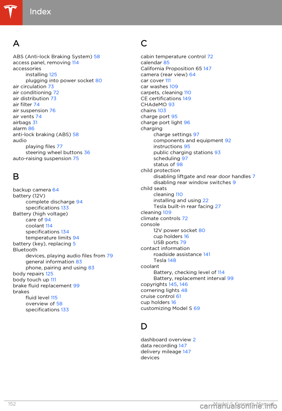 TESLA MODEL S 2014  Owners manual (North America) AABS (Anti-lock Braking System)  58
access panel, removing  114accessoriesinstalling 125
plugging into power socket  80
air circulation 73
air conditioning  72
air distribution  73
air filter  74
air 