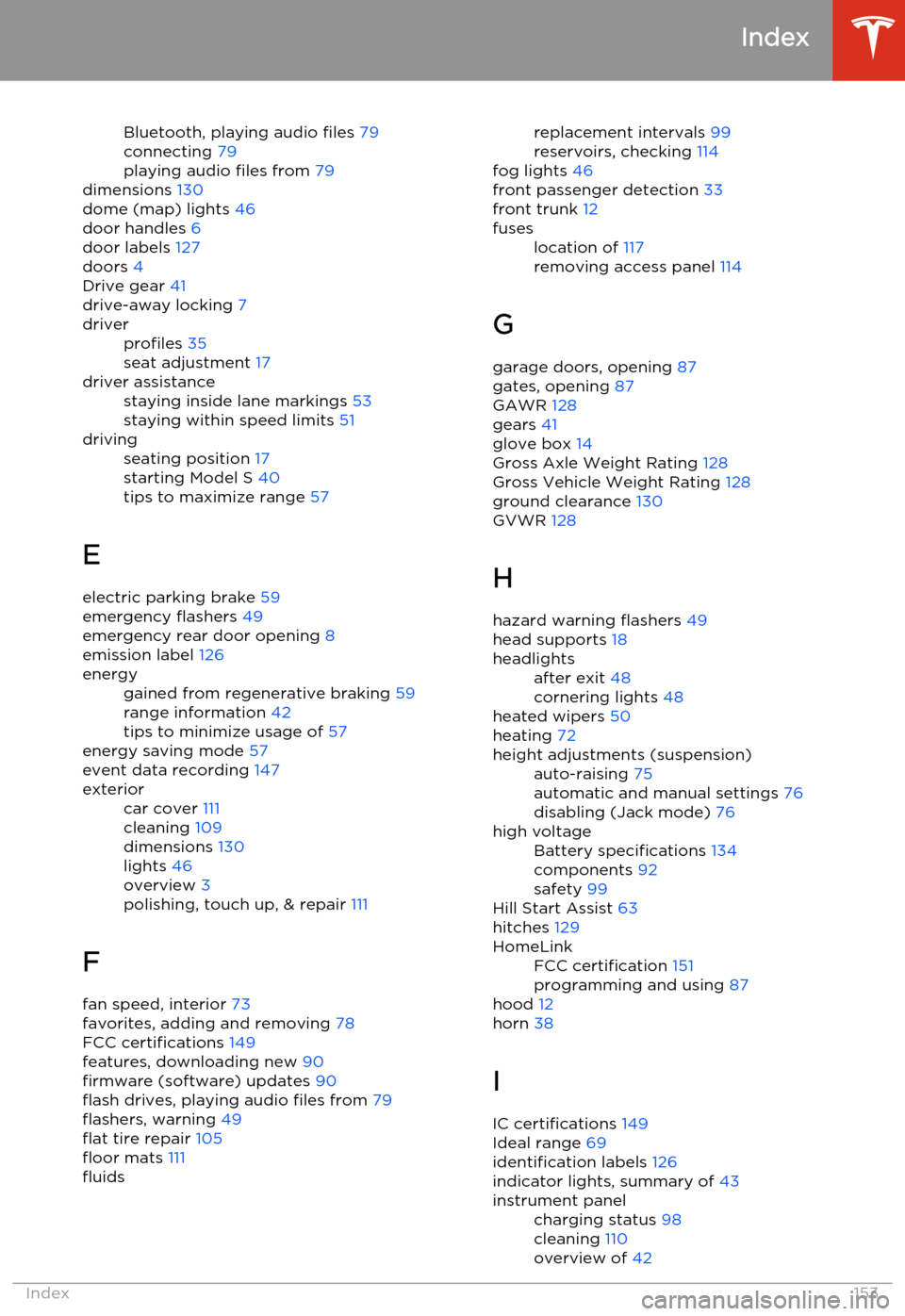 TESLA MODEL S 2014  Owners manual (North America) Bluetooth, playing audio files 79
connecting  79
playing audio files from  79
dimensions  130
dome (map) lights  46
door handles  6
door labels  127
doors  4
Drive gear  41
drive-away locking  7driver