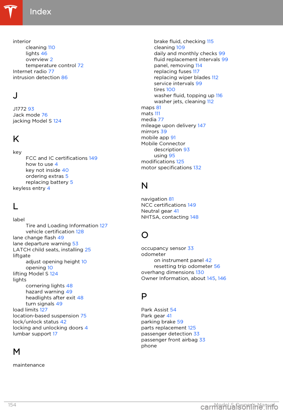 TESLA MODEL S 2014   (North America) User Guide interiorcleaning 110
lights  46
overview  2
temperature control  72
Internet radio 77
intrusion detection  86
J
J1772  93
Jack mode  76
jacking Model S  124
K
keyFCC and IC certifications  149
how to 