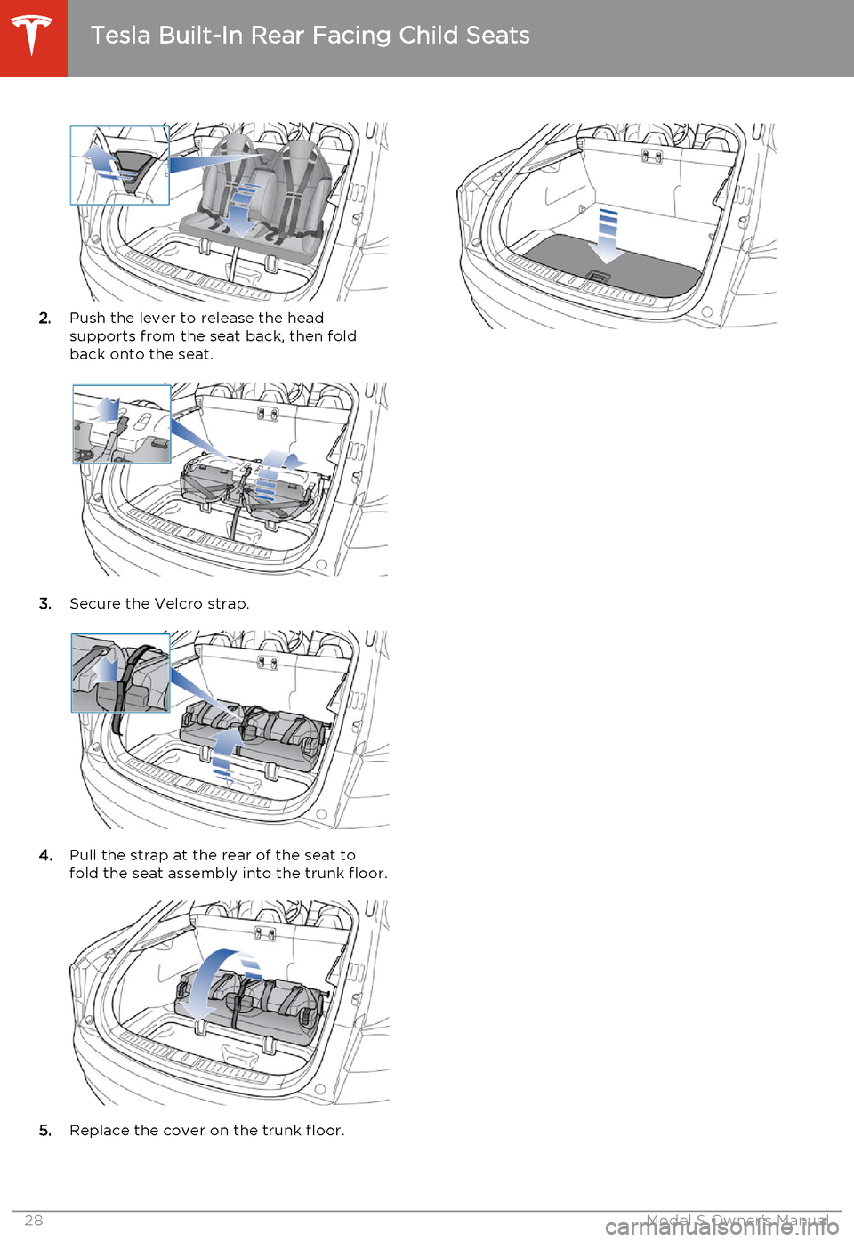 TESLA MODEL S 2014   (North America) Owners Guide 2.Push the lever to release the head
supports from the seat back, then fold
back onto the seat.
3. Secure the Velcro strap.
4.Pull the strap at the rear of the seat to
fold the seat assembly into the 