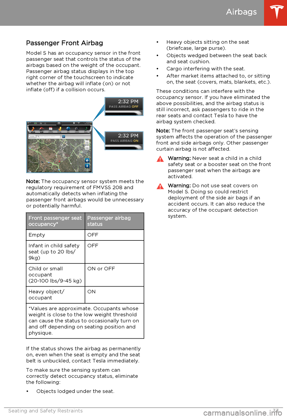 TESLA MODEL S 2014  Owners manual (North America) Passenger Front Airbag
Model S has an occupancy sensor in the front passenger seat that controls the status of theairbags based on the weight of the occupant.Passenger airbag status displays in the to