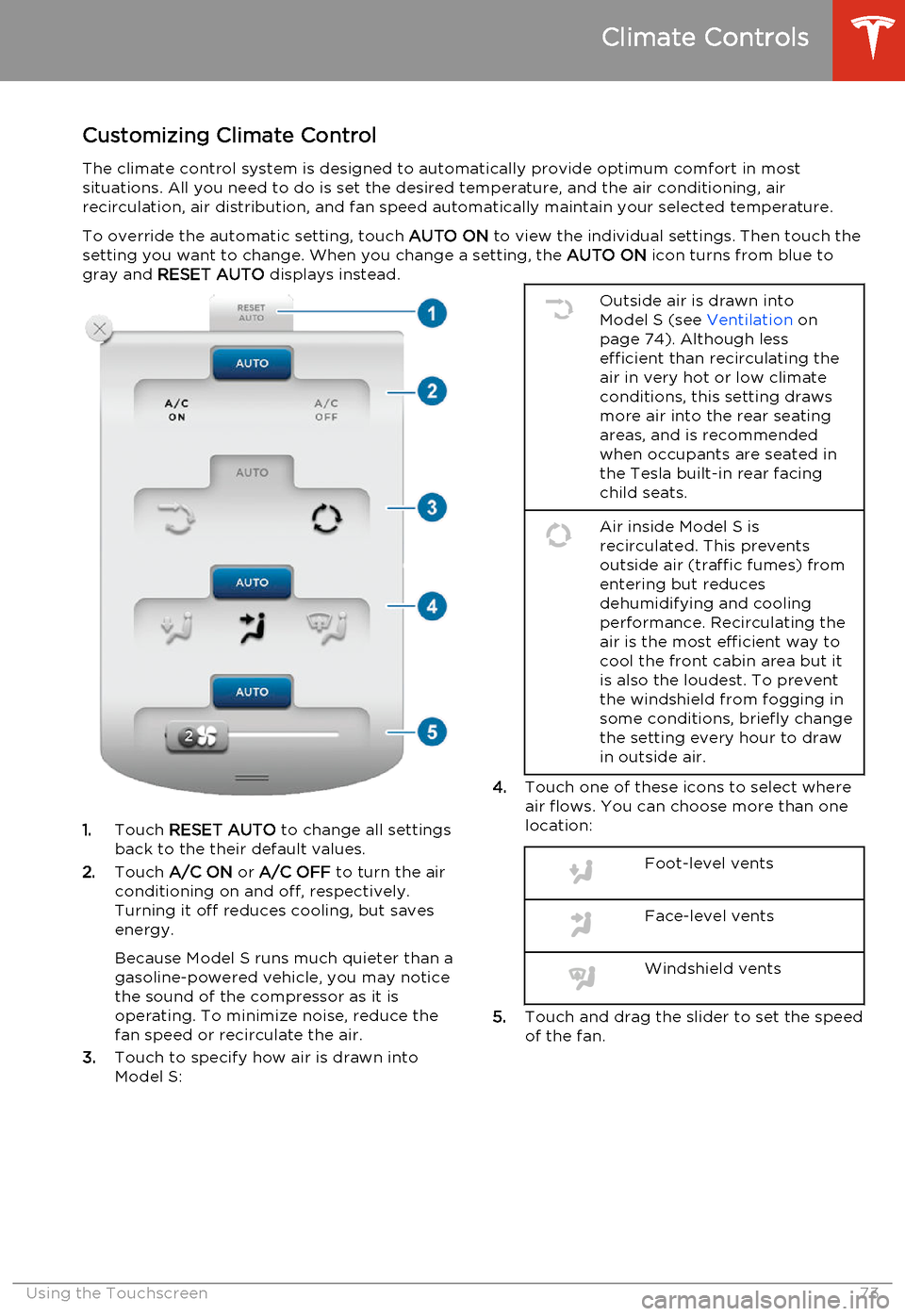 TESLA MODEL S 2014   (North America) Manual PDF Customizing Climate ControlThe climate control system is designed to automatically provide optimum comfort in most
situations. All you need to do is set the desired temperature, and the air conditioni