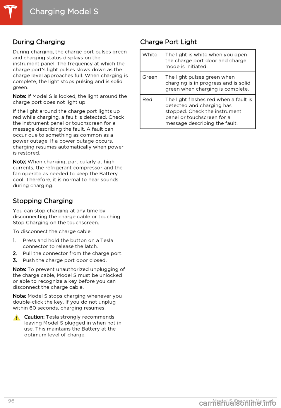 TESLA MODEL S 2014   (North America) Owners Manual During ChargingDuring charging, the charge port pulses green
and charging status displays on the instrument panel. The frequency at which thecharge port’s light pulses slows down as thecharge level 