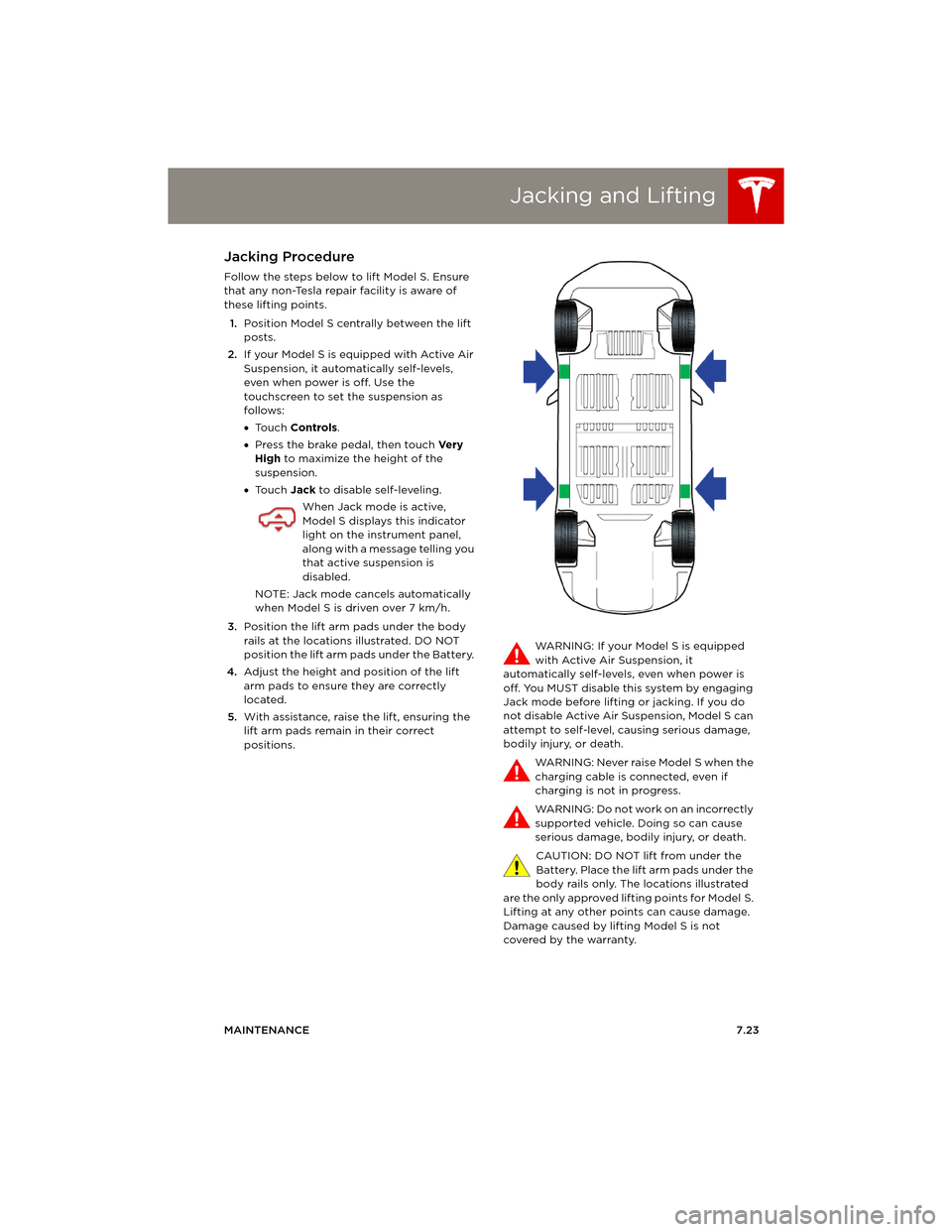 TESLA MODEL S 2014 Owners manual (Europe) Jacking and Lifting
MAINTENANCE7.23
Jacking and LiftingJacking Procedure
Follow the steps below to lift Model S. Ensure
that any non-Tesla repair facility is aware of
these lifting points.
1.Positio TESLA MODEL S 2014 Owners manual (Europe) Jacking and Lifting
MAINTENANCE7.23
Jacking and LiftingJacking Procedure
Follow the steps below to lift Model S. Ensure
that any non-Tesla repair facility is aware of
these lifting points.
1.Positio