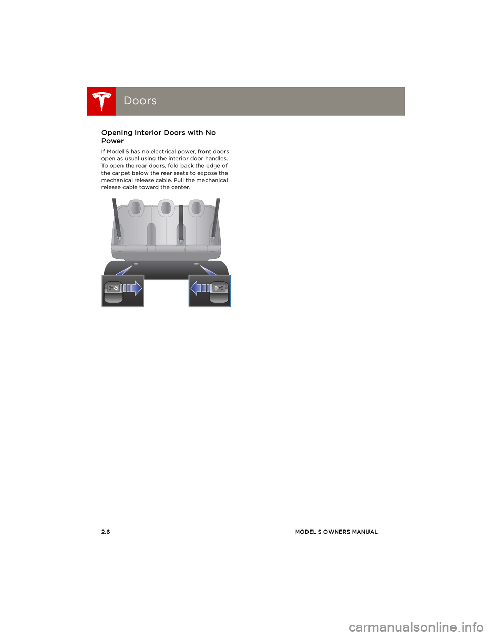 TESLA MODEL S 2014 (Europe) User Guide DoorsDoors
2.6MODEL S OWNERS MANUAL
Opening Interior Doors with No
Power
If Model S has no electrical power, front doors
open as usual using the interior door handles.
To open the rear doors, fold TESLA MODEL S 2014 (Europe) User Guide DoorsDoors
2.6MODEL S OWNERS MANUAL
Opening Interior Doors with No
Power
If Model S has no electrical power, front doors
open as usual using the interior door handles.
To open the rear doors, fold