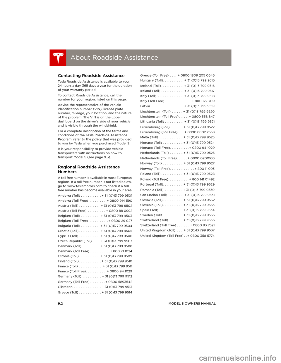 TESLA MODEL S 2014 Owners manual (Europe) About Roadside AssistanceAbout Roadside Assistance
9.2MODEL S OWNERS MANUAL
ROADSIDE ASSISTANCE
About Roadside AssistanceContacting Roadside Assistance
Tesla Roadside Assistance is available to you,
TESLA MODEL S 2014 Owners manual (Europe) About Roadside AssistanceAbout Roadside Assistance
9.2MODEL S OWNERS MANUAL
ROADSIDE ASSISTANCE
About Roadside AssistanceContacting Roadside Assistance
Tesla Roadside Assistance is available to you,