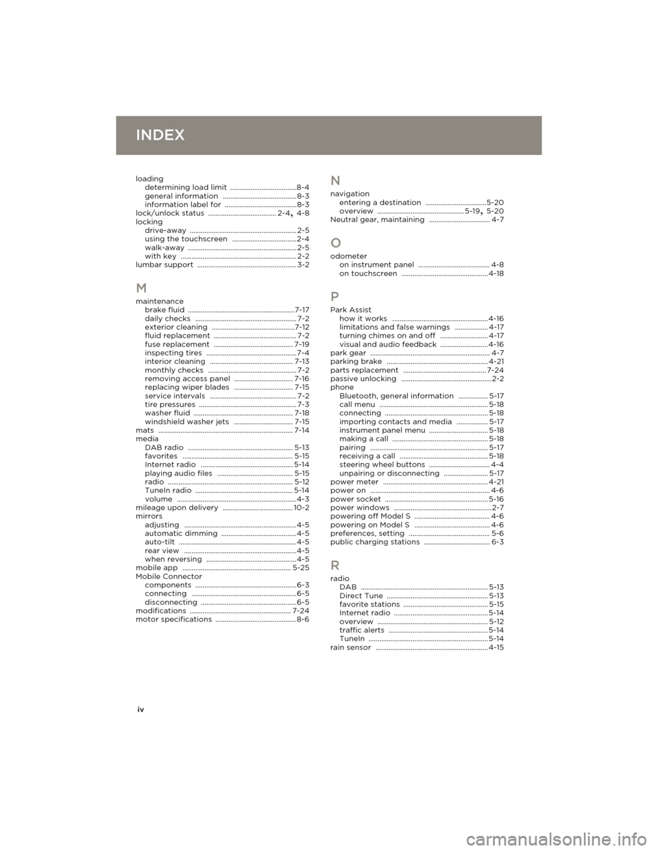 TESLA MODEL S 2014 Owners manual (Europe) iv
INDEXINDEX
loading
determining load limit ....................................8-4
general information ........................................ 8-3
information label for ............................ TESLA MODEL S 2014 Owners manual (Europe) iv
INDEXINDEX
loading
determining load limit ....................................8-4
general information ........................................ 8-3
information label for ............................