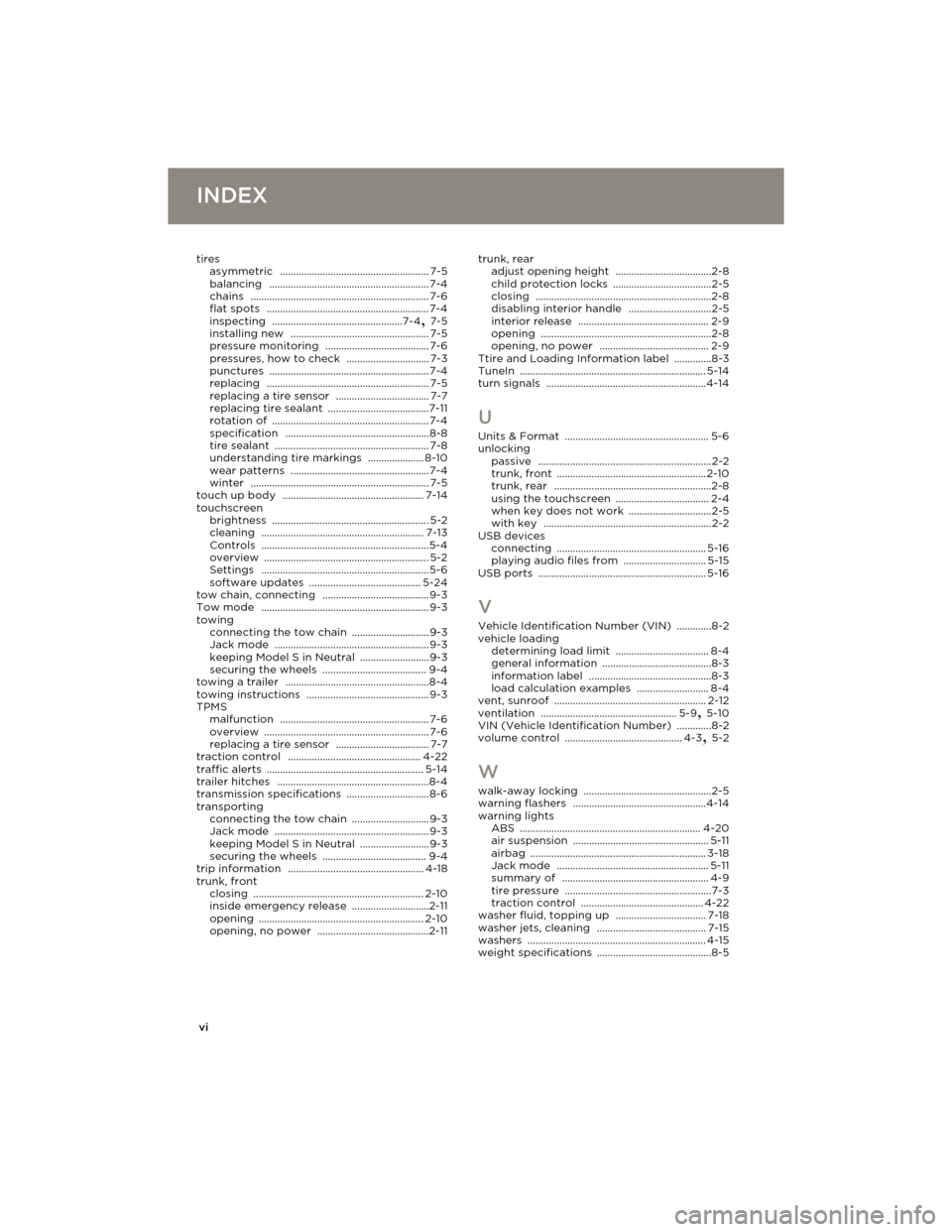 TESLA MODEL S 2014  Owners manual (Europe) vi
INDEXINDEX
tires
asymmetric ........................................................ 7-5
balancing ............................................................7-4
chains ...........................