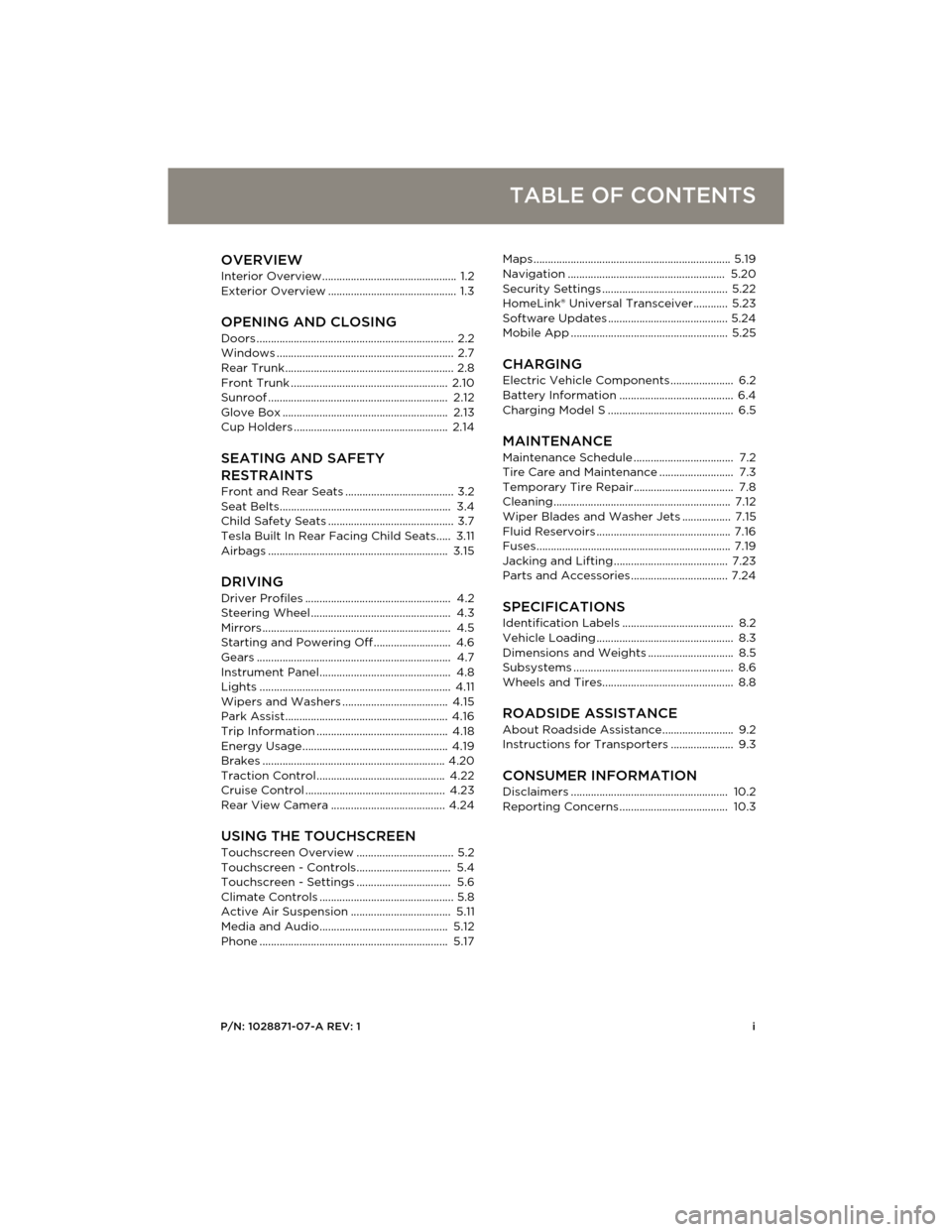 TESLA MODEL S 2014 Owners manual (Europe) P/N: 1028871-07-A REV: 1i
TABLE OF CONTENTS
OVERVIEWInterior Overview............................................... 1.2
Exterior Overview ............................................. 1.3
OPENING AND TESLA MODEL S 2014 Owners manual (Europe) P/N: 1028871-07-A REV: 1i
TABLE OF CONTENTS
OVERVIEWInterior Overview............................................... 1.2
Exterior Overview ............................................. 1.3
OPENING AND