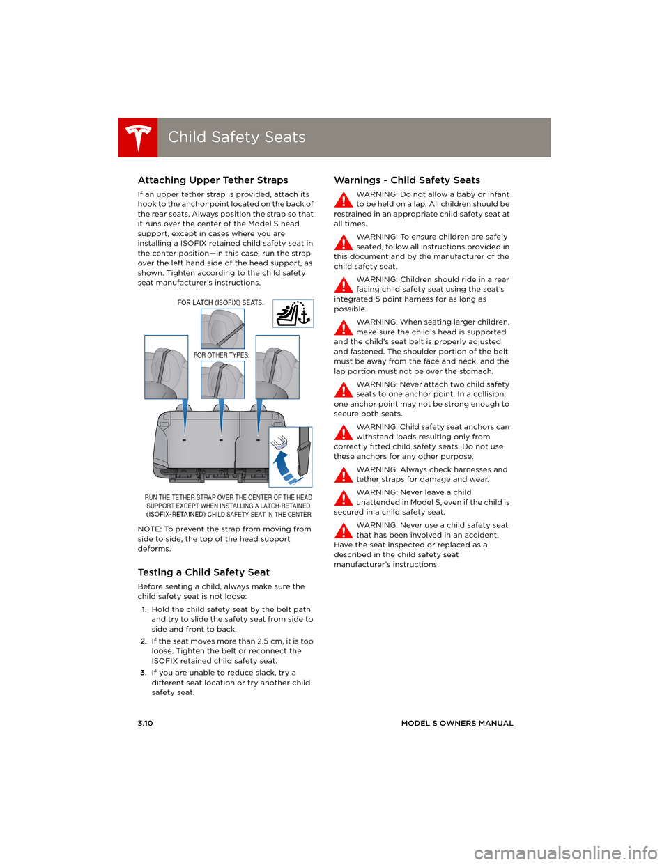 TESLA MODEL S 2014   (Europe) Owners Guide Child Safety SeatsChild Safety Seats
3.10MODEL S OWNERS MANUAL
Attaching Upper Tether Straps
If an upper tether strap is provided, attach its 
hook to the anchor point located on the back of 
the rear