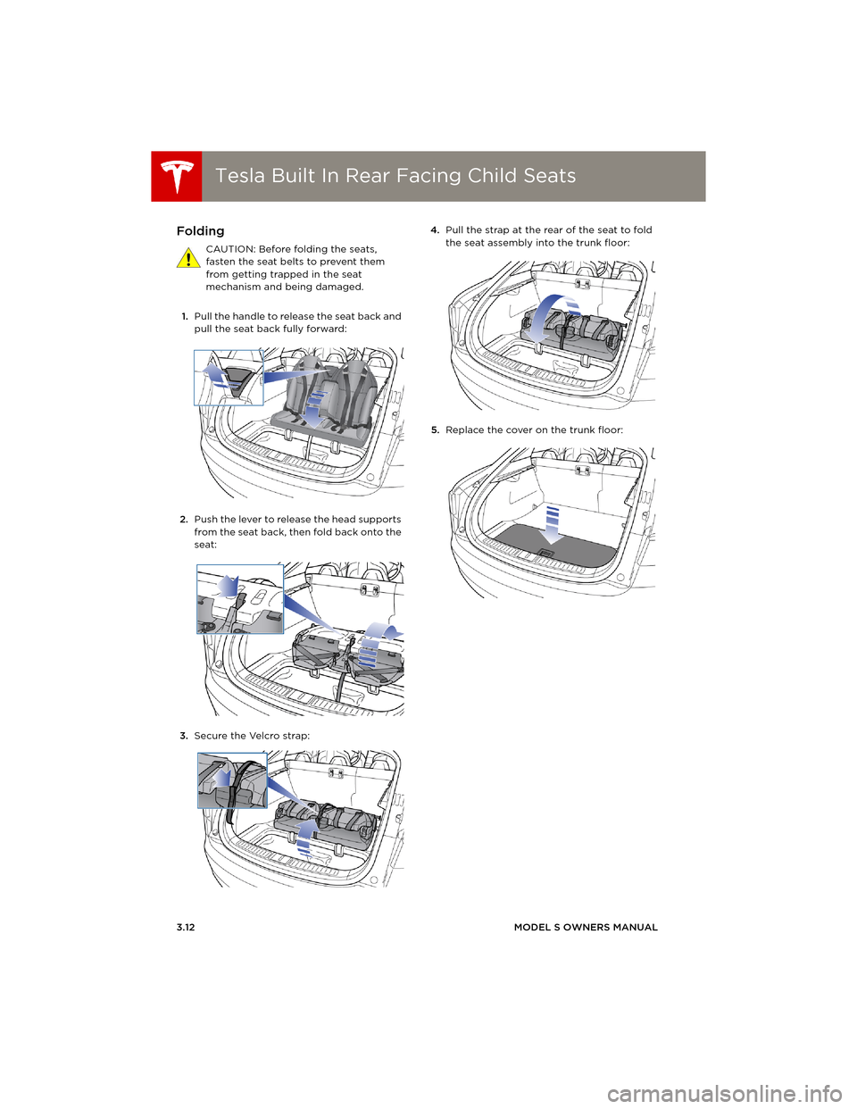 TESLA MODEL S 2014   (Europe) Owners Guide Tesla Built In Rear Facing Child SeatsTesla Built In Rear Facing Child Seats
3.12MODEL S OWNERS MANUAL
Folding
CAUTION: Before folding the seats, 
fasten the seat belts to prevent them 
from getting t