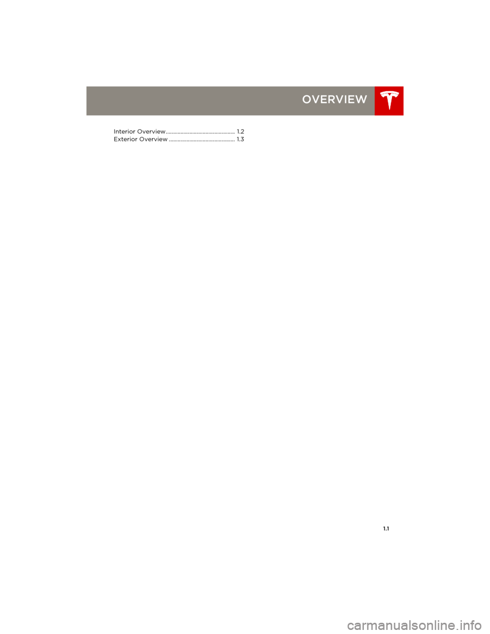 TESLA MODEL S 2014 Owners manual (Europe) 1.1
OVERVIEW
Interior Overview............................................... 1.2
Exterior Overview ............................................. 1.3
book.book Page 1 Friday, July 19, 2013 12:53 PM TESLA MODEL S 2014 Owners manual (Europe) 1.1
OVERVIEW
Interior Overview............................................... 1.2
Exterior Overview ............................................. 1.3
book.book Page 1 Friday, July 19, 2013 12:53 PM