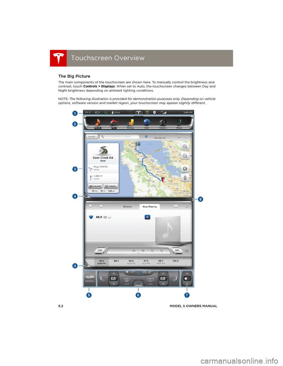 TESLA MODEL S 2014 (Europe) Repair Manual Touchscreen OverviewTouchscreen Overview
5.2MODEL S OWNERS MANUAL
USING THE TOUCHSCREEN
Touchscreen OverviewThe Big Picture
The main components of the touchscreen are shown here. To manually control t TESLA MODEL S 2014 (Europe) Repair Manual Touchscreen OverviewTouchscreen Overview
5.2MODEL S OWNERS MANUAL
USING THE TOUCHSCREEN
Touchscreen OverviewThe Big Picture
The main components of the touchscreen are shown here. To manually control t
