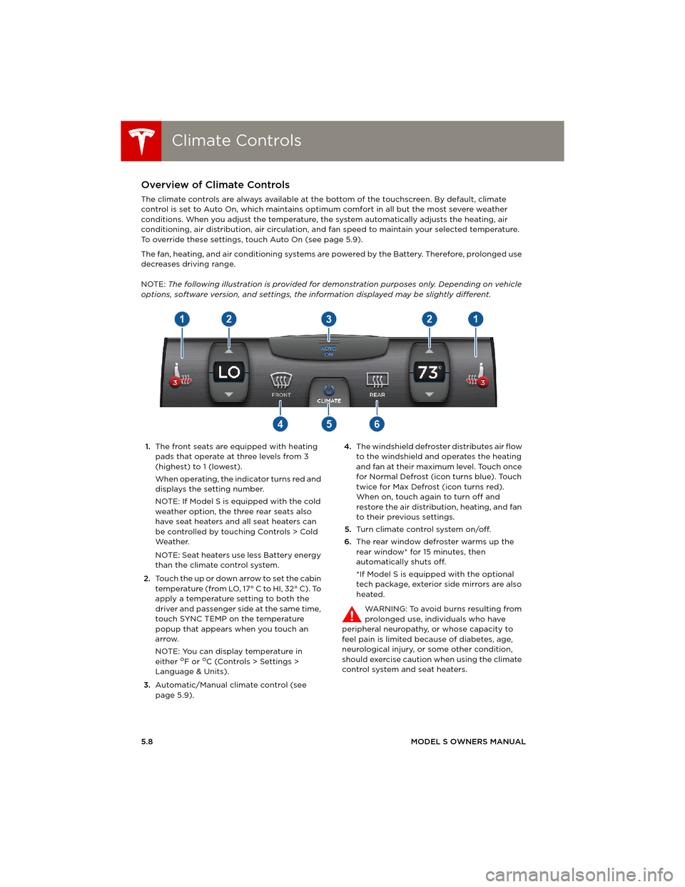 TESLA MODEL S 2014  Owners manual (Europe) Climate ControlsClimate Controls
5.8MODEL S OWNERS MANUAL
Climate ControlsOverview of Climate Controls
The climate controls are always available at the bottom of the touchscreen. By default, climate 
