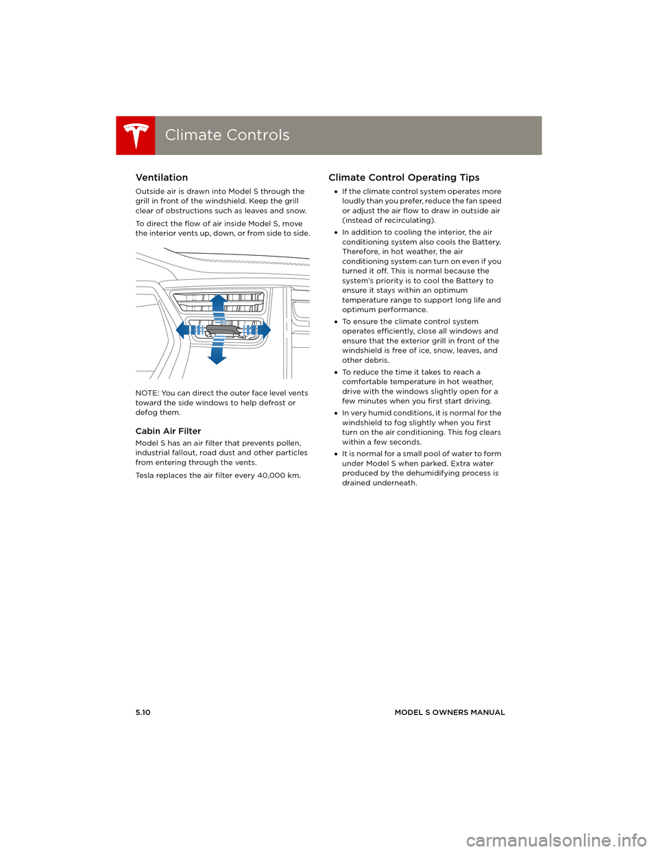 TESLA MODEL S 2014 (Europe) Manual PDF Climate ControlsClimate Controls
5.10MODEL S OWNERS MANUAL
Ventilation
Outside air is drawn into Model S through the
grill in front of the windshield. Keep the grill
clear of obstructions such as le TESLA MODEL S 2014 (Europe) Manual PDF Climate ControlsClimate Controls
5.10MODEL S OWNERS MANUAL
Ventilation
Outside air is drawn into Model S through the
grill in front of the windshield. Keep the grill
clear of obstructions such as le